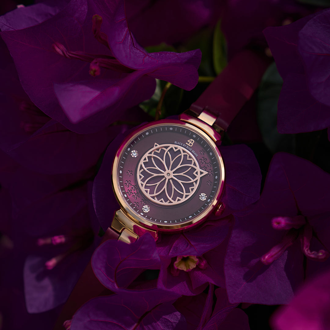 Cherry Blossom Ruby Red Mother Of Pearl Dial Sakura Petal Hand Leather Strap Watch - BLACK BY BLUE BRAVE