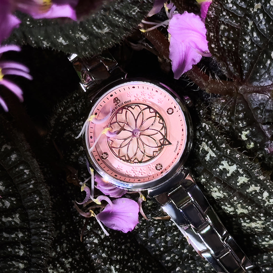 Cherry Blossom 32mm Pink Mother Of Pearl Dial Genuine Diamonds Sakura Petal Hand Silver Bracelet Watch - BLACK BY BLUE BRAVE