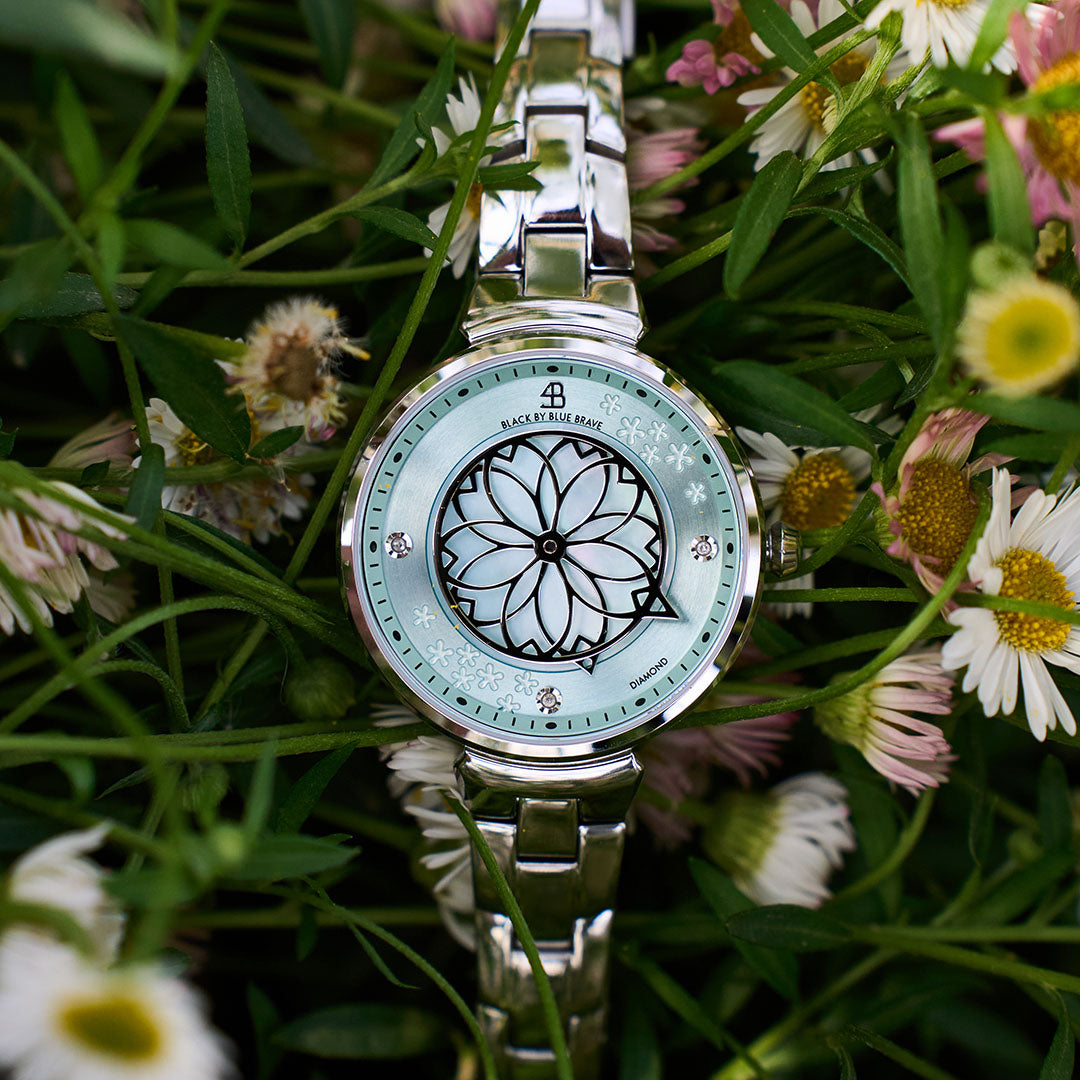 Cherry Blossom 32mm Blue Mother Of Pearl Dial Genuine Diamonds Sakura Petal Hand Silver Bracelet Watch - BLACK BY BLUE BRAVE