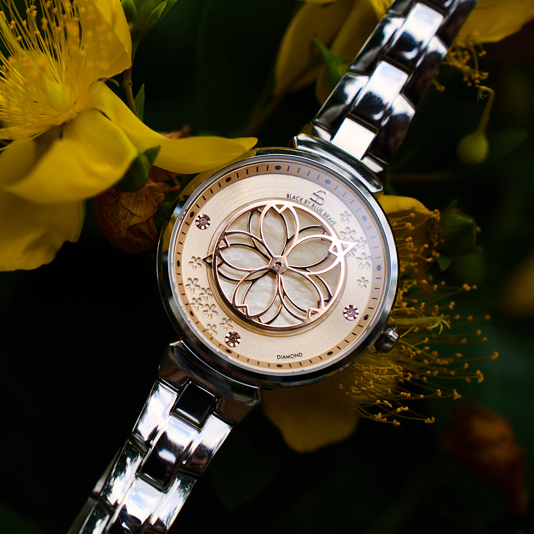Cherry Blossom 32mm Champagne Mother Of Pearl Dial Genuine Diamonds Sakura Petal Hand Silver Bracelet Watch - BLACK BY BLUE BRAVE