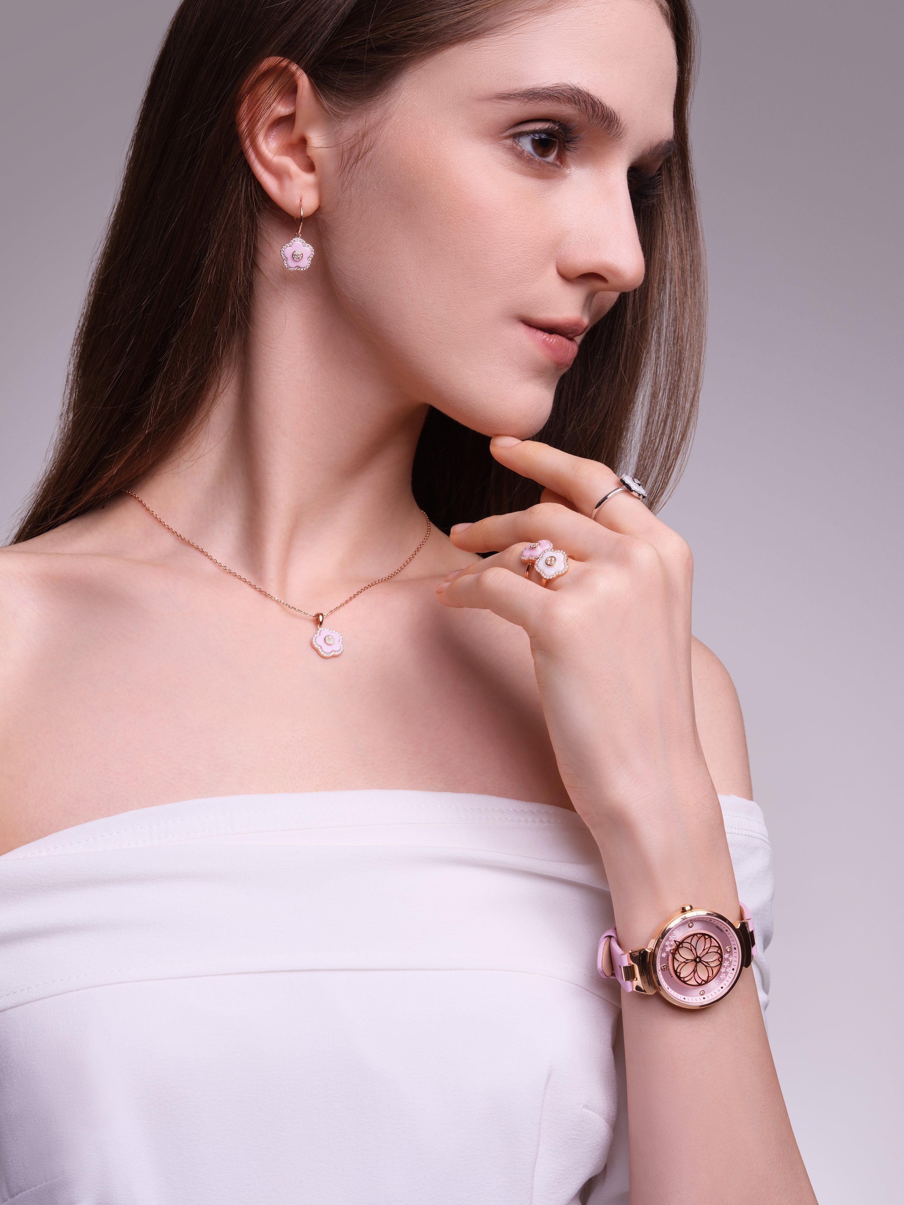 Pink Cherry Blossom Watch & Flower Ceramic Earrings