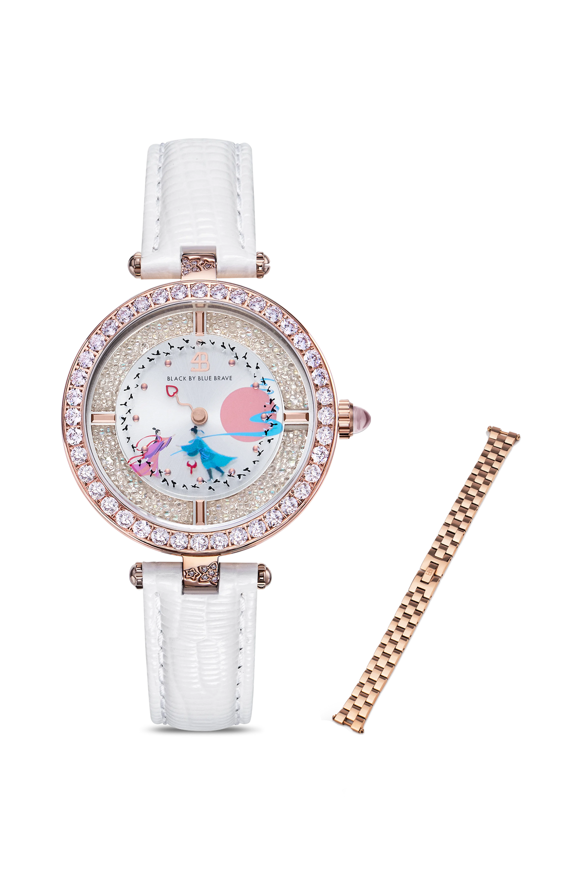 Cowherd and Weaver Girl watch with white leather strap and interchangeable rose gold bracelet