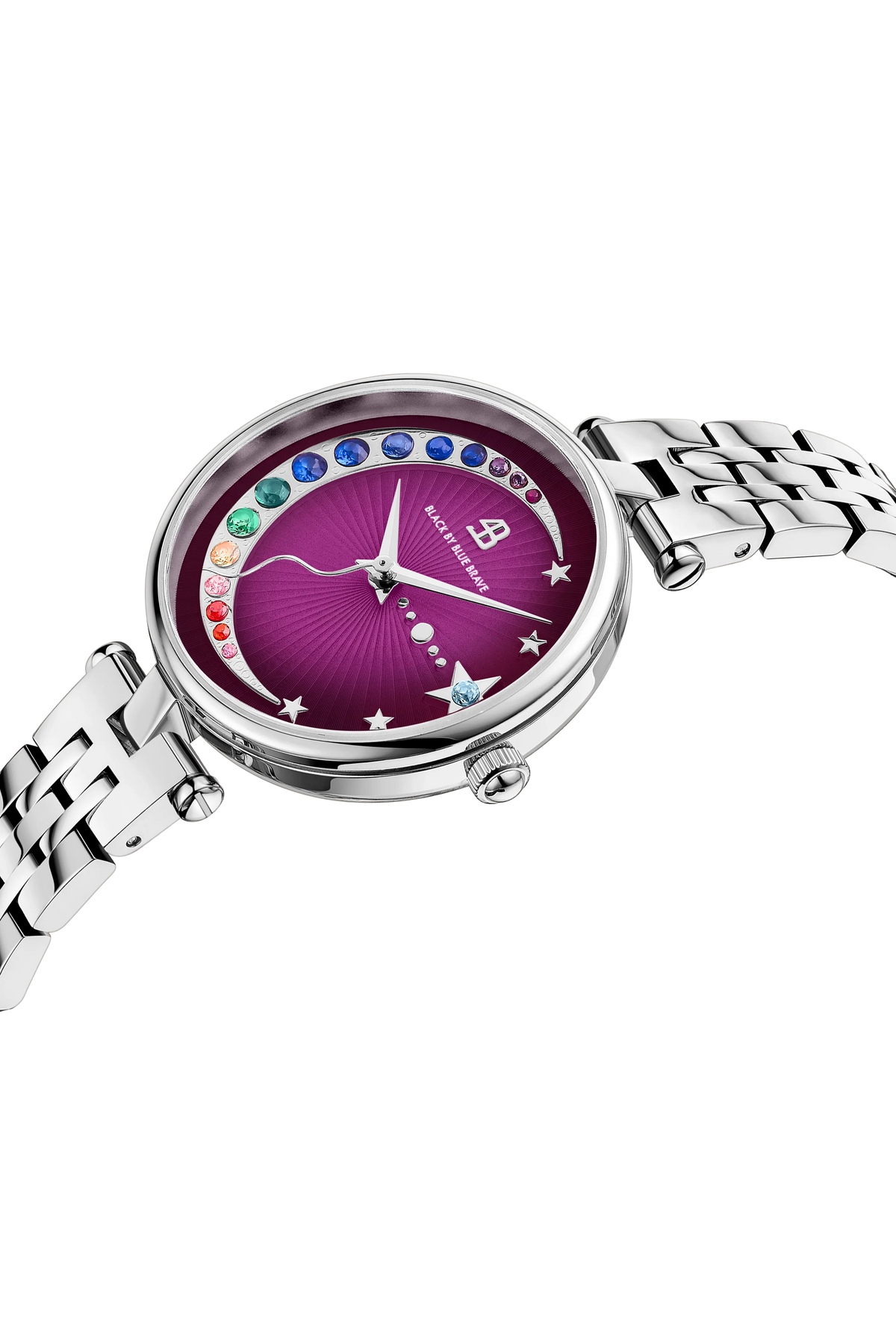 Mondphasenuhr mit violettem Zifferblatt und silbernem Armband