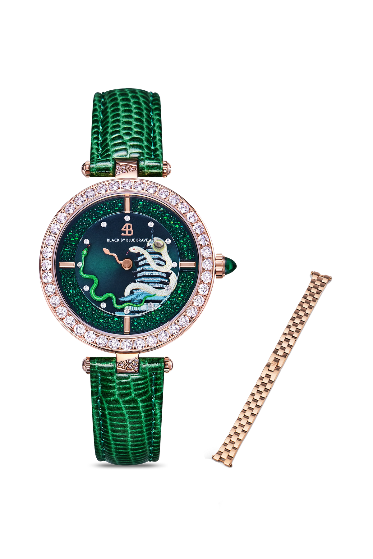 Green Snake Watch With Rose Gold 3-Link Bracelet Strap - BLACK BY BLUE BRAVE