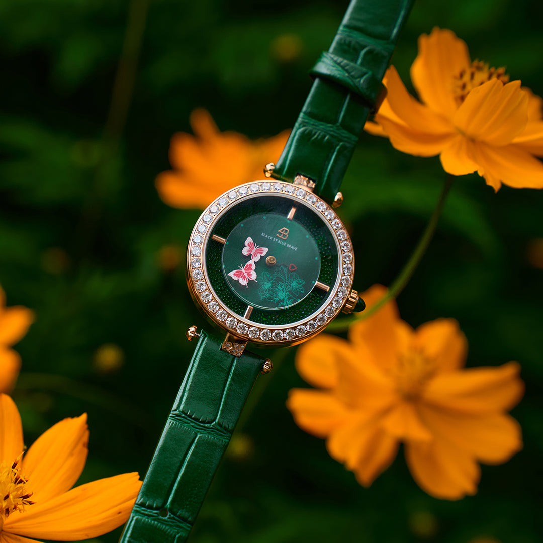 Butterfly Lovers 34mm Green Dial Moving Butterfly Hands Leather Strap Watch - BLACK BY BLUE BRAVE