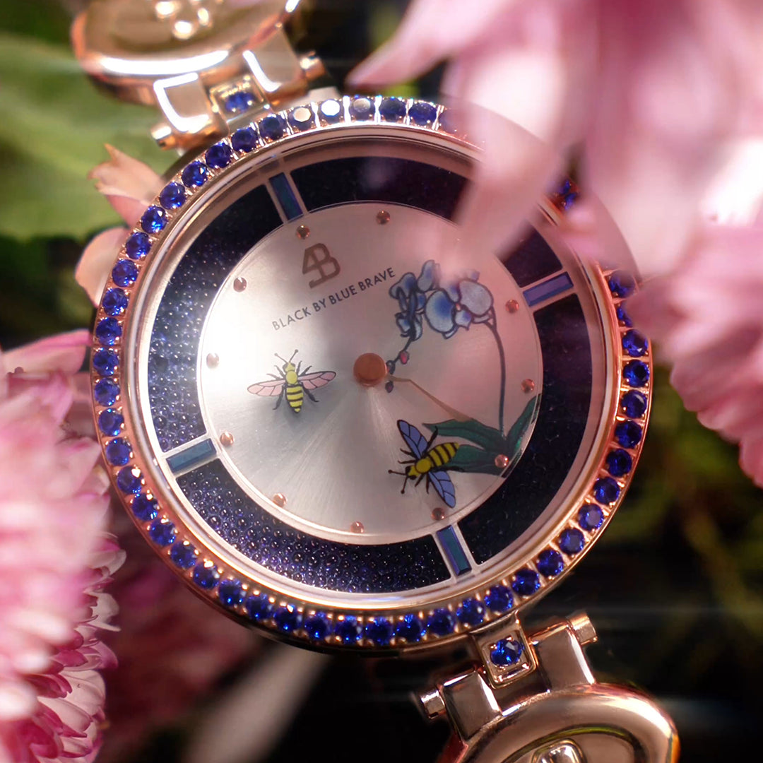 Honey Bee 34mm Blue Dial Moving Bees Rose Gold Bracelet Watch