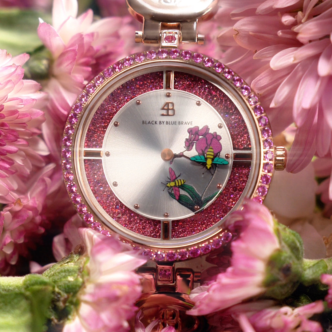 Honey Bee 34mm Ruby Red Dial Moving Bees Rose Gold Bracelet Watch