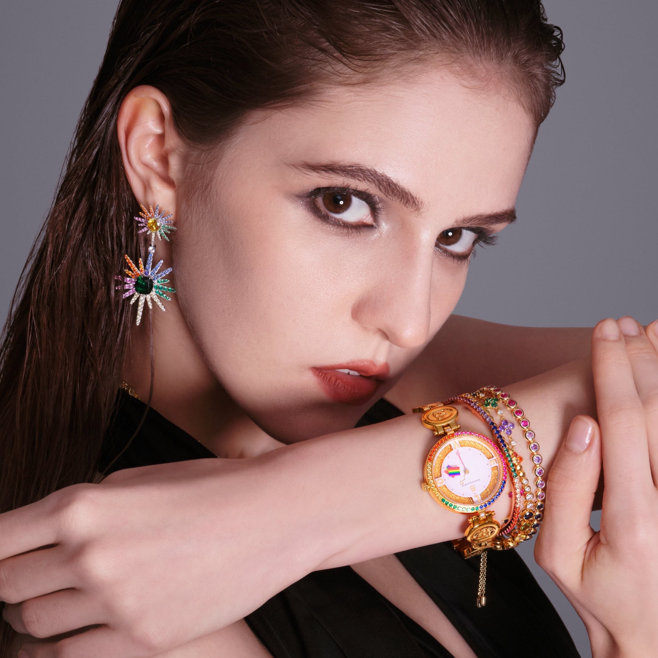 Love Wins 34mm Gold Dial Moving Rainbow Flag Bracelet Watch