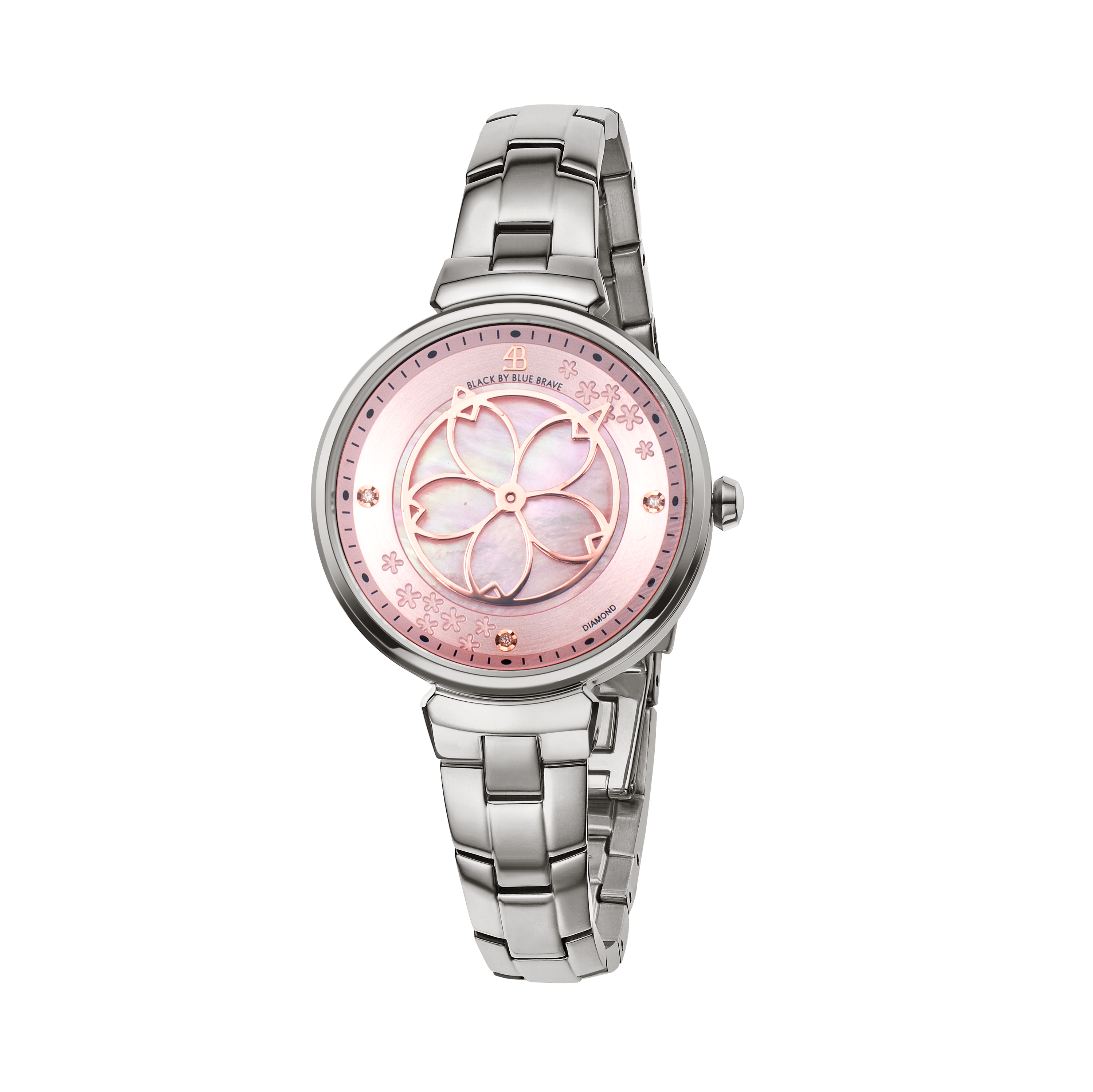 Cherry Blossom 32mm Pink Mother Of Pearl Dial Genuine Diamonds Sakura Petal Hand Silver Bracelet Watch - BLACK BY BLUE BRAVE