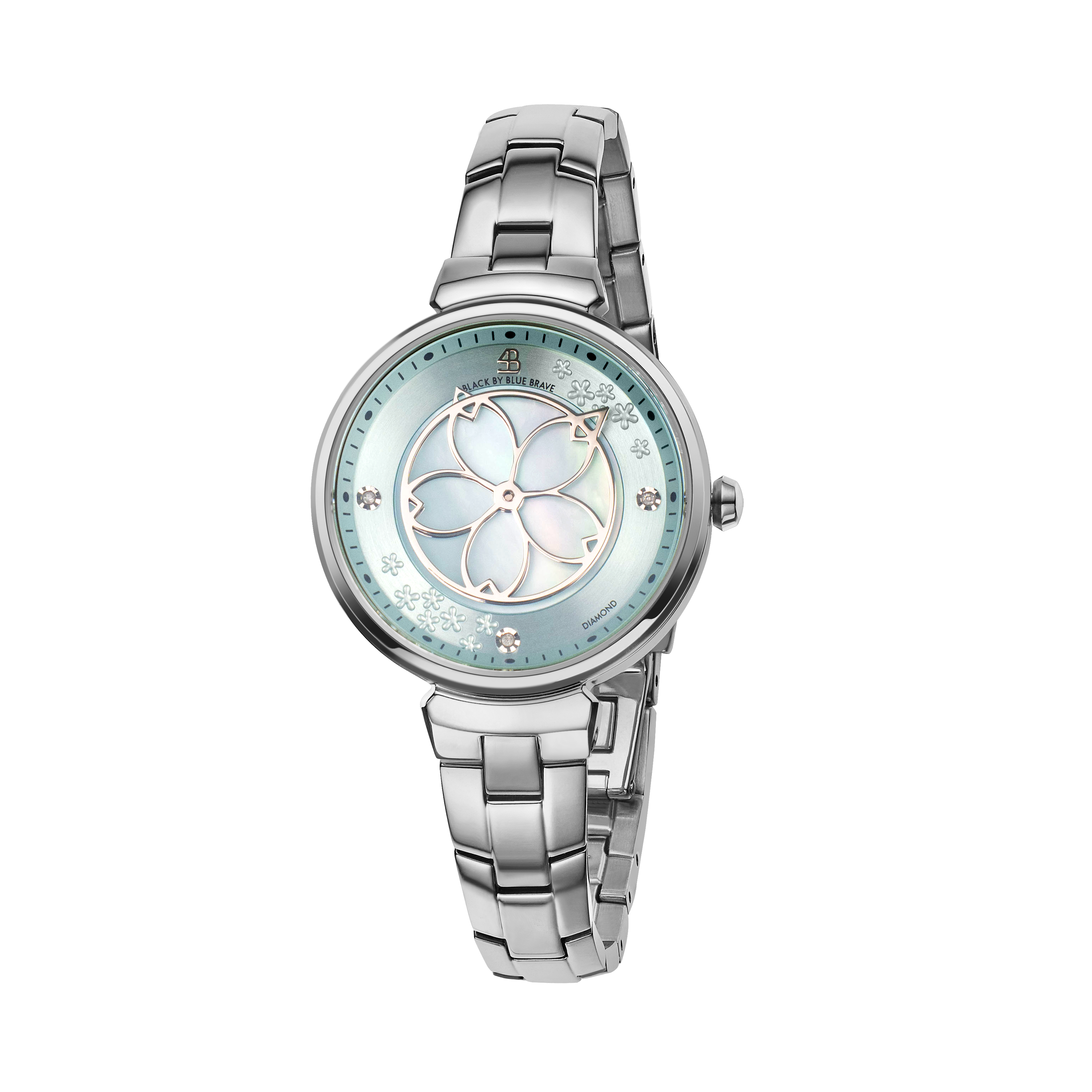 Cherry Blossom 32mm Blue Mother Of Pearl Dial Genuine Diamonds Sakura Petal Hand Silver Bracelet Watch - BLACK BY BLUE BRAVE