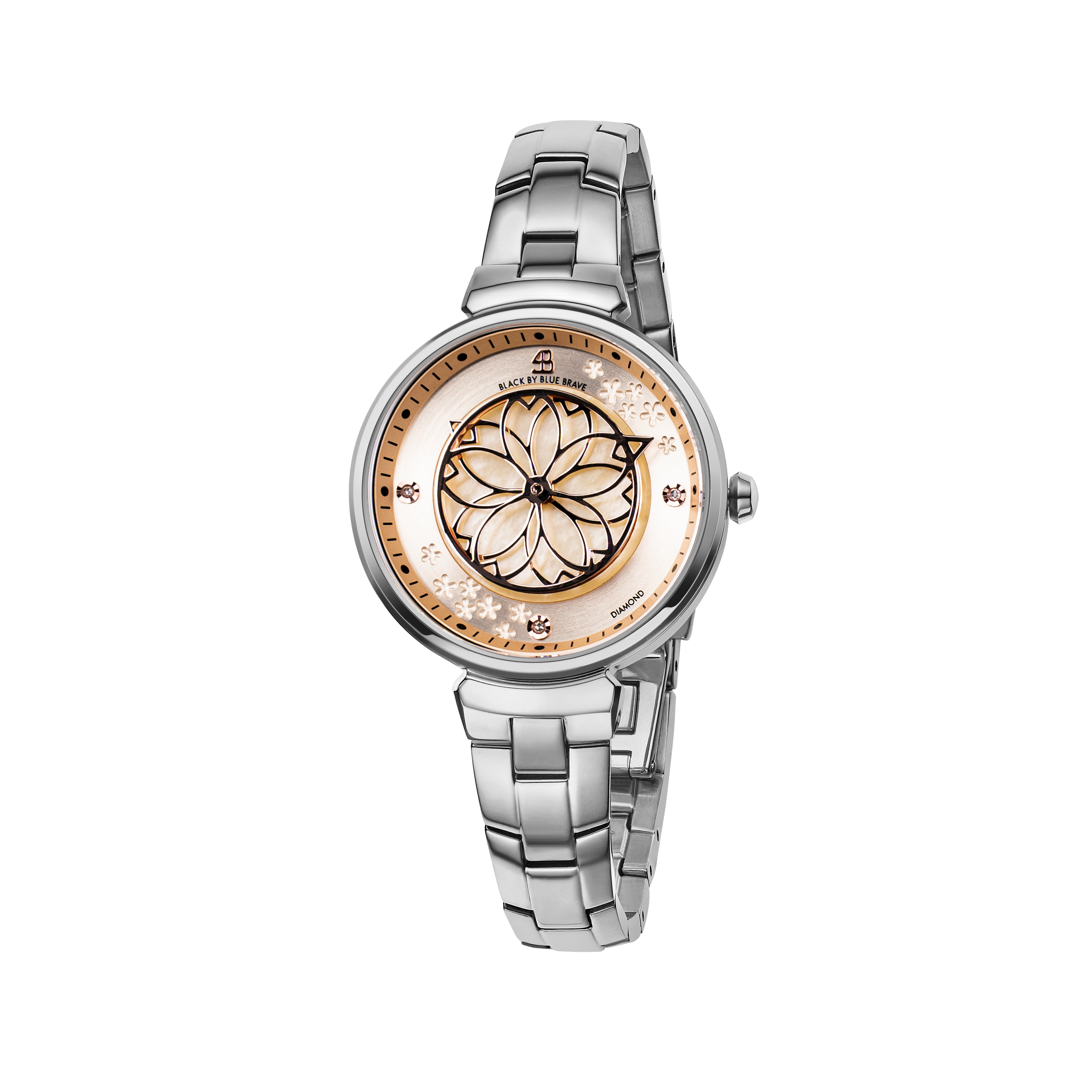 Cherry Blossom 32mm Champagne Mother Of Pearl Dial Genuine Diamonds Sakura Petal Hand Silver Bracelet Watch - BLACK BY BLUE BRAVE