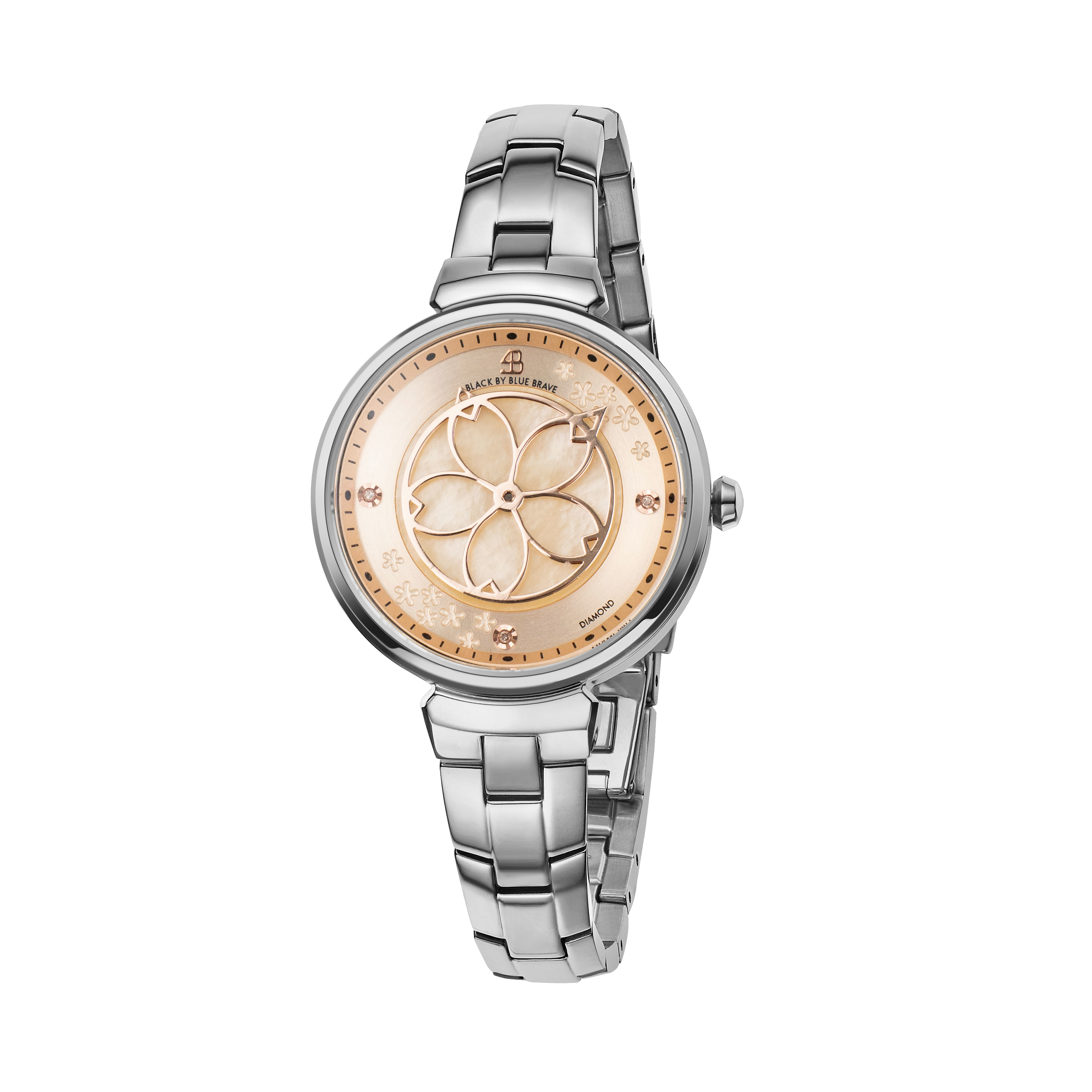 Cherry Blossom 32mm Champagne Mother Of Pearl Dial Genuine Diamonds Sakura Petal Hand Silver Bracelet Watch - BLACK BY BLUE BRAVE