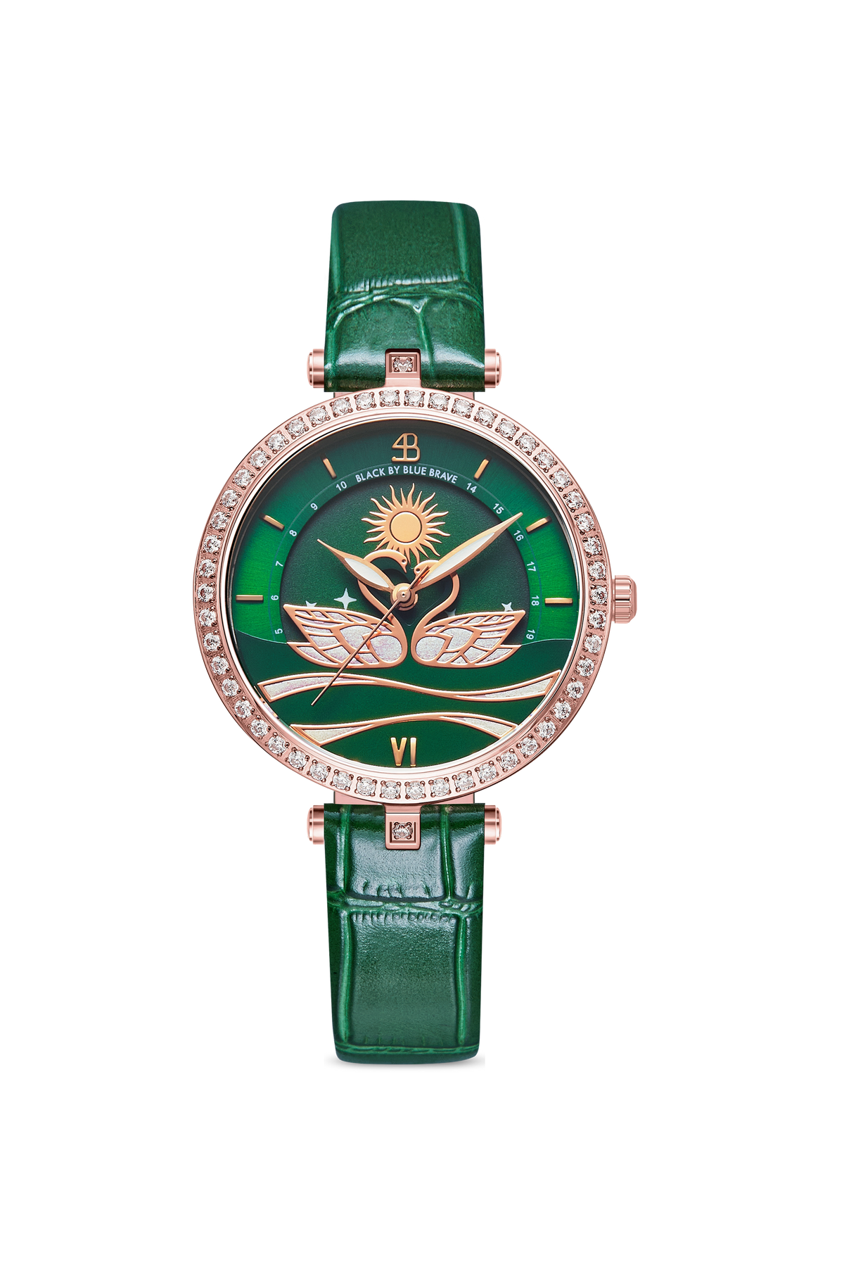 Schwanenliebhaber Roségoldene Grüne Mondphasen-Zifferblatt-Lederuhr
