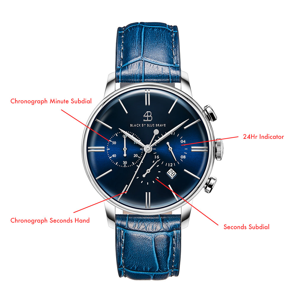 Classic 1986 42mm Chronograph Blue Dial Leather Strap Watch - 4B2213 - Details - Black By Blue Brave