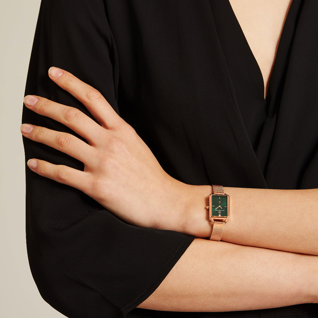 Vesta 20*27mm Green Dial Genuine Diamond Rosegold Bracelet Watch - 4B6020 - Wear - Black By Blue Brave