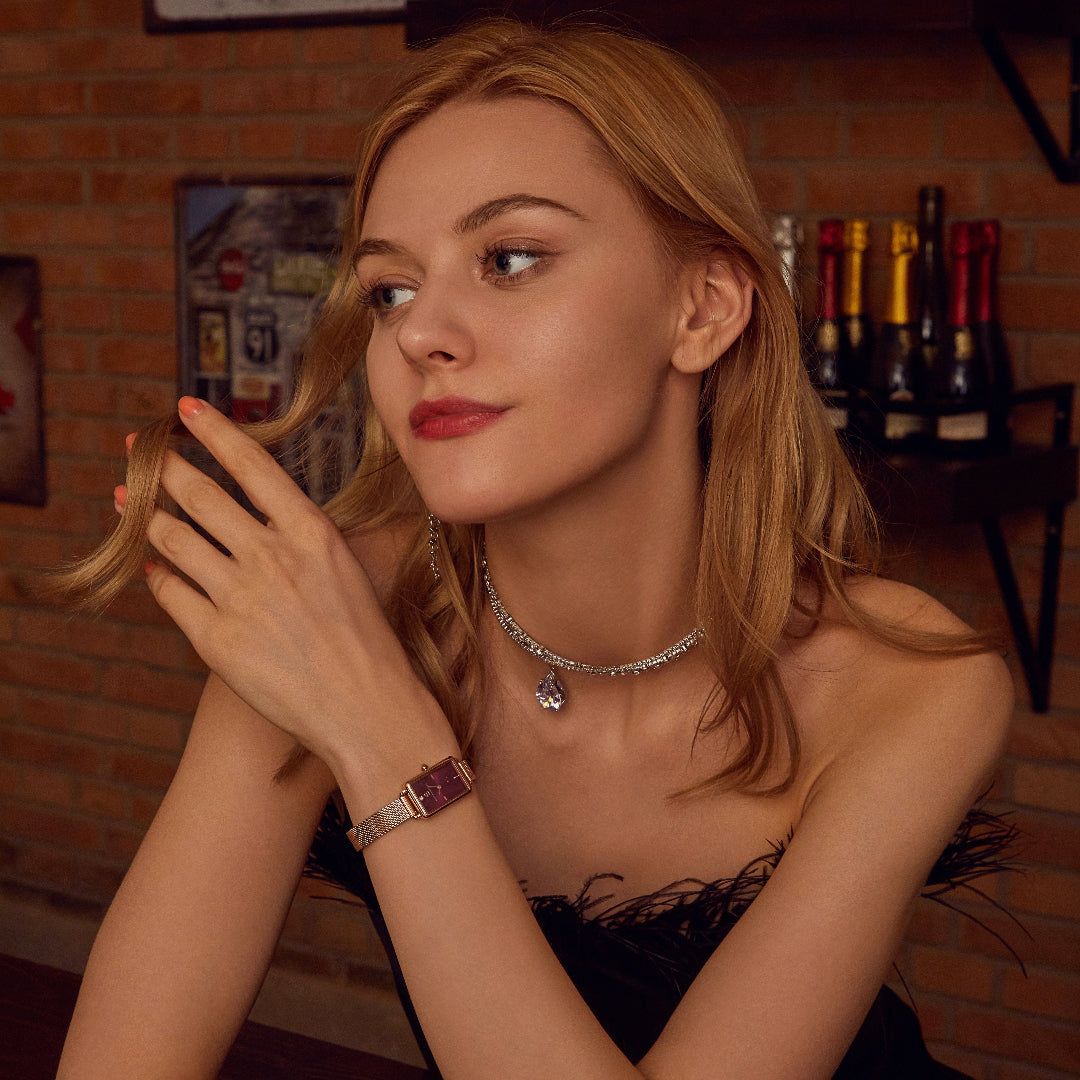 Vesta 20*27mm Ruby Red Dial Genuine Diamond Rosegold Bracelet Watch - 4B6025 - Model wearing - Black By Blue Brave