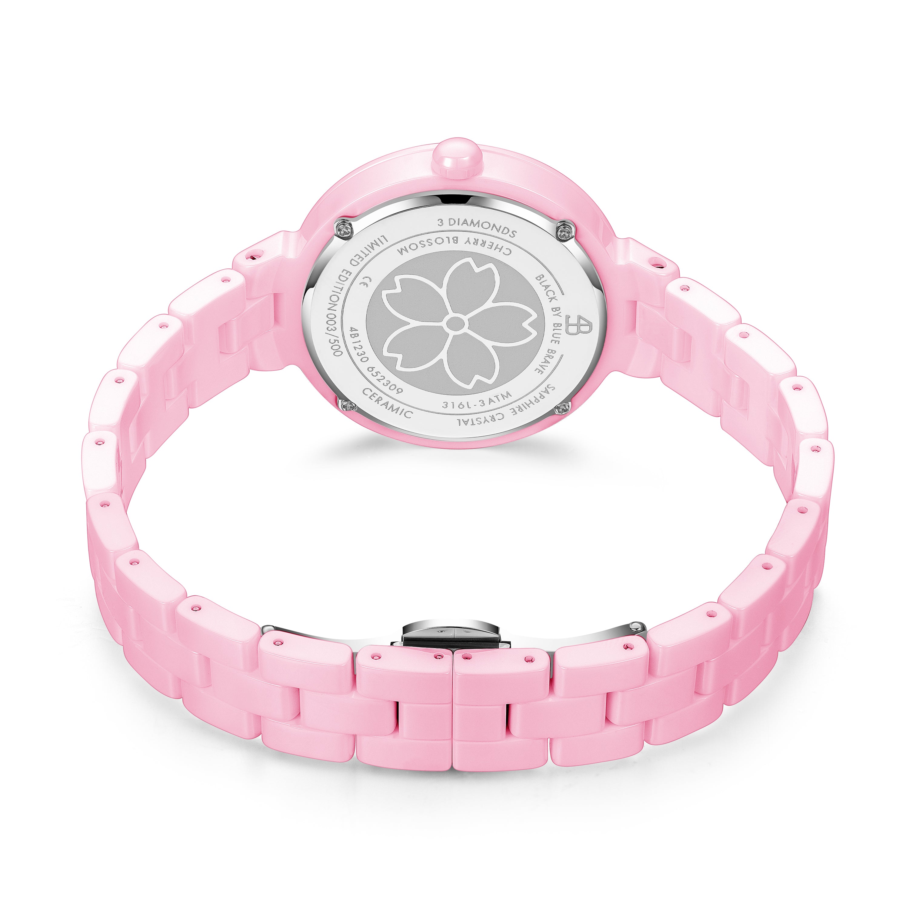 Pink Diamond Cherry Blossom Ceramic Watch With Flower Ceramic Earrings