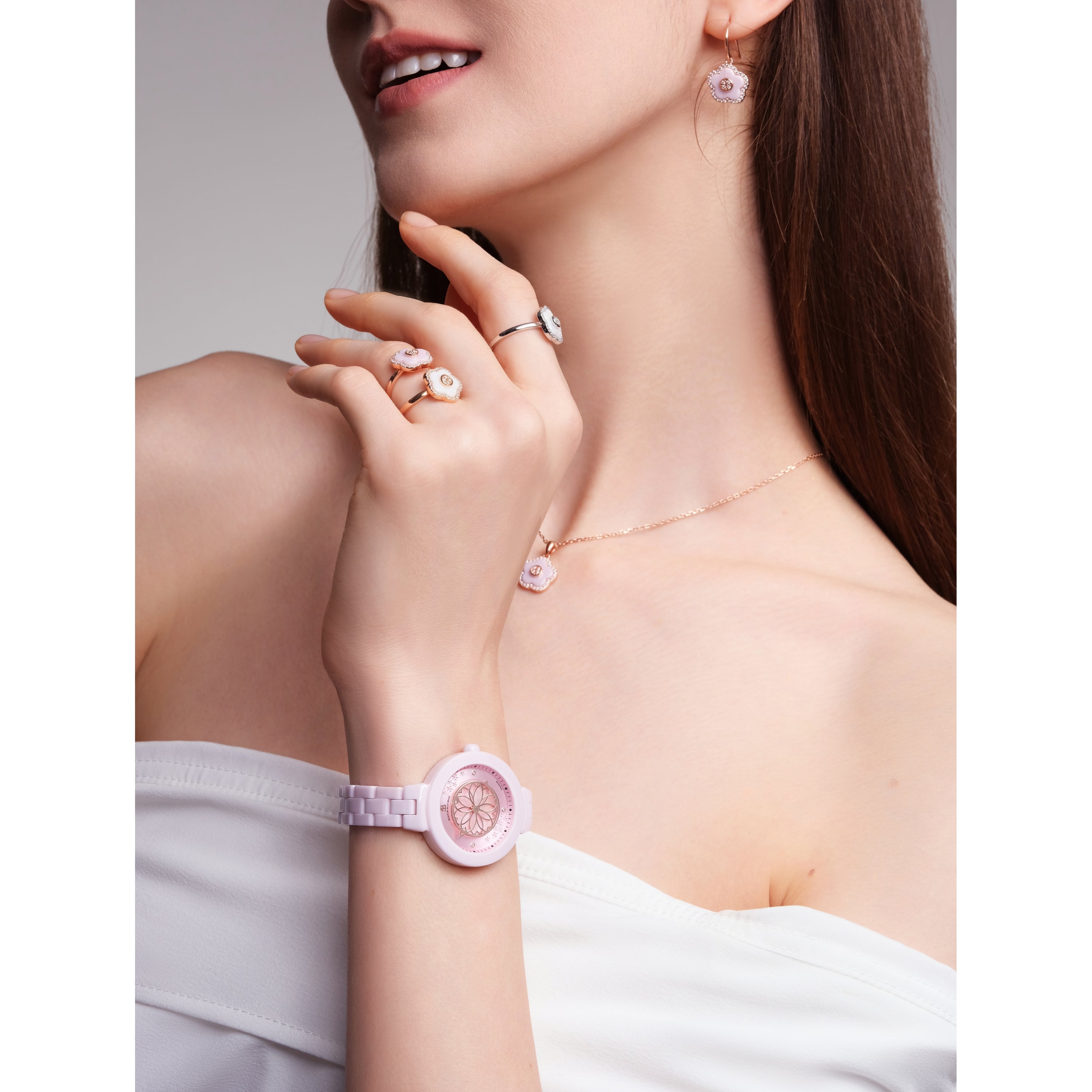 Pink Diamond Cherry Blossom Ceramic Watch With Flower Ceramic Earrings