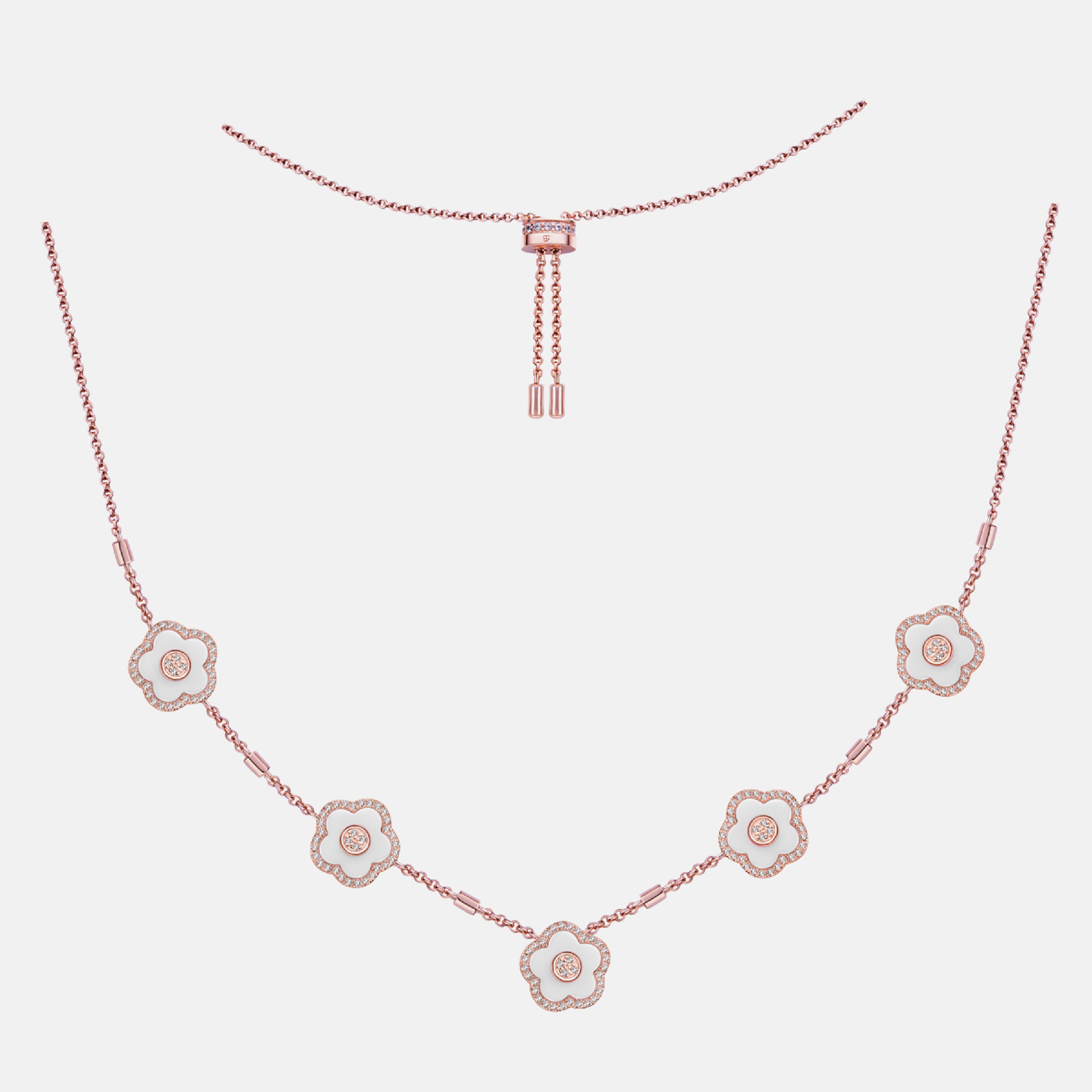 Cherry Blossom Ceramic Five White Ceramic Flowers Rose Gold Adjustable Necklace 18K Rose Gold Plated