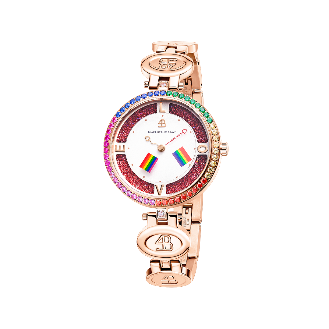 Love Wins 34mm Pink Dial Moving Rainbow Flag Rose Gold Bracelet Watch