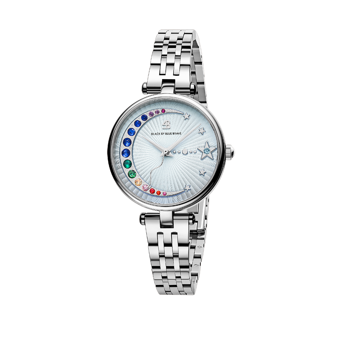 Crescent Moon 32mm Blue Dial Rainbow Cubic Zirconia Silver Bracelet Watch - BLACK BY BLUE BRAVE