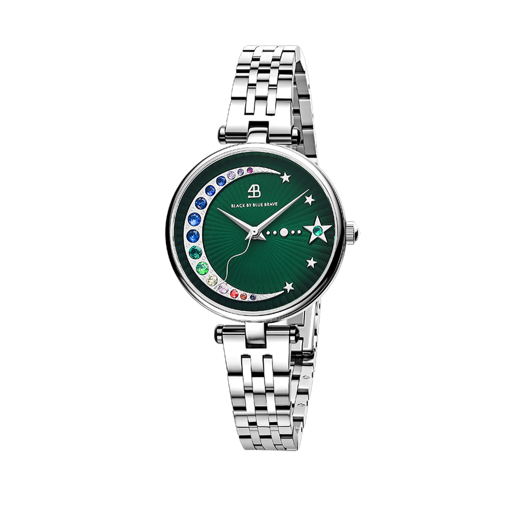 【R&B】 MAUTI - Full Moon Crescent Moon Watch - rainbow zirconia green Watch