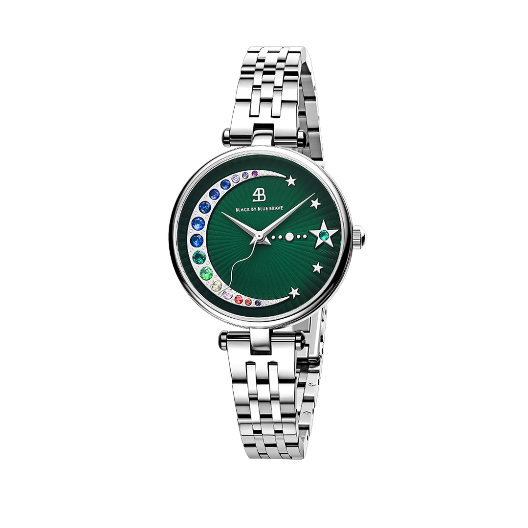 Crescent Moon 32mm Green Dial Rainbow Cubic Zirconia Silver Bracelet Watch - BLACK BY BLUE BRAVE
