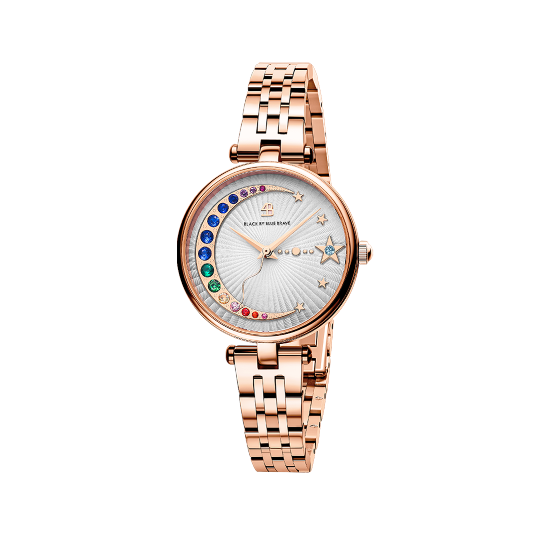 Crescent Moon 32mm White Dial Rainbow Cubic Zirconia Rose Gold Bracelet Watch - BLACK BY BLUE BRAVE