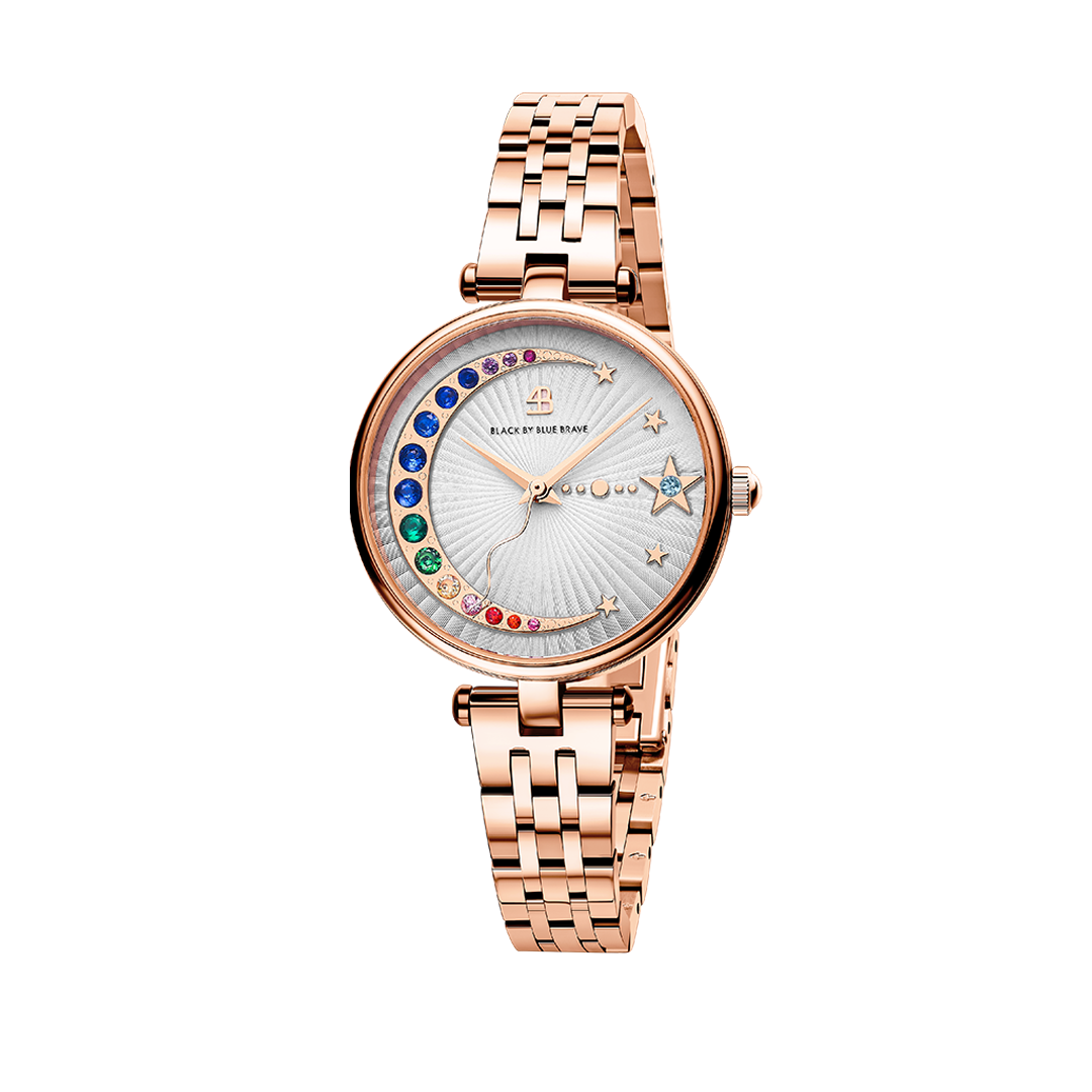 Crescent Moon 32mm White Dial Rainbow Cubic Zirconia Rose Gold Bracelet Watch