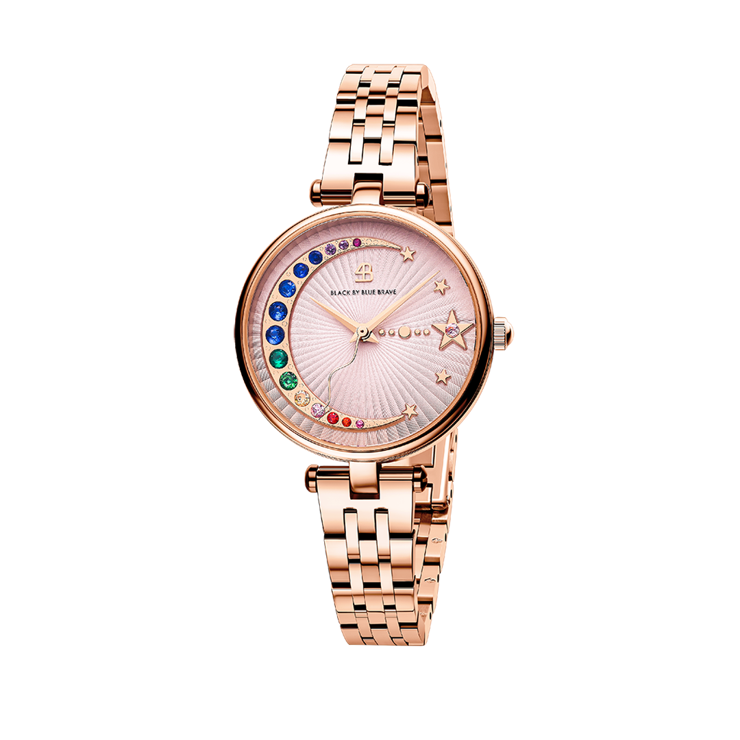 Crescent Moon 32mm Pink Dial Rainbow Cubic Zirconia Rose Gold Bracelet Watch