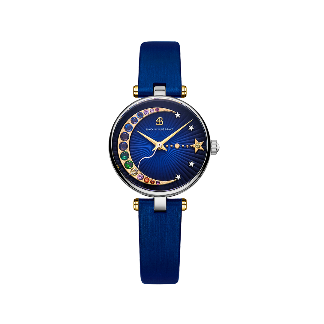 Crescent Moon 28mm Blue Dial Rainbow Cubic Zirconia Satin Leather Strap Watch - BLACK BY BLUE BRAVE