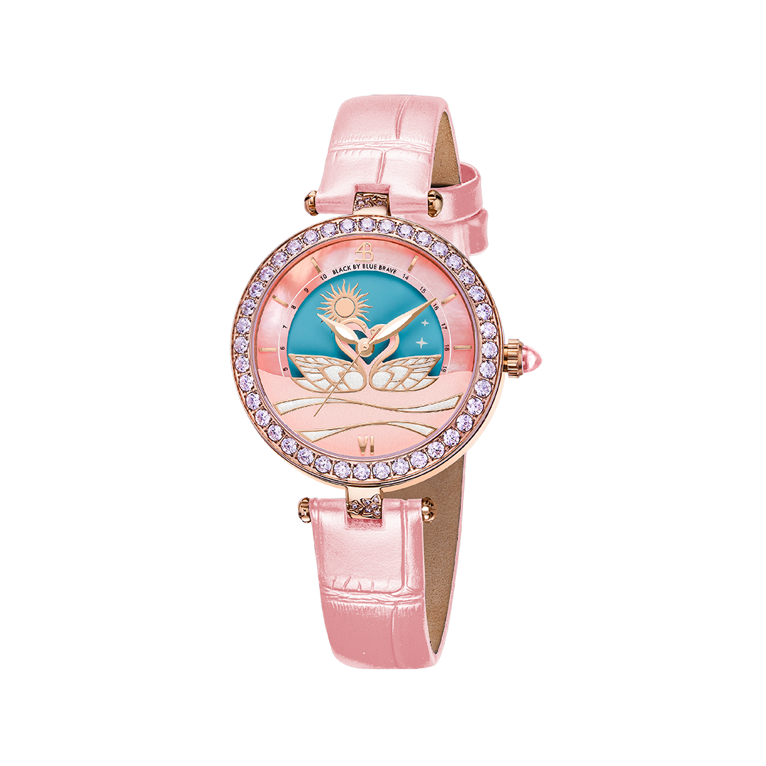 Swan Lovers 34mm Pink Moon Phase Dial Leather Strap Watch