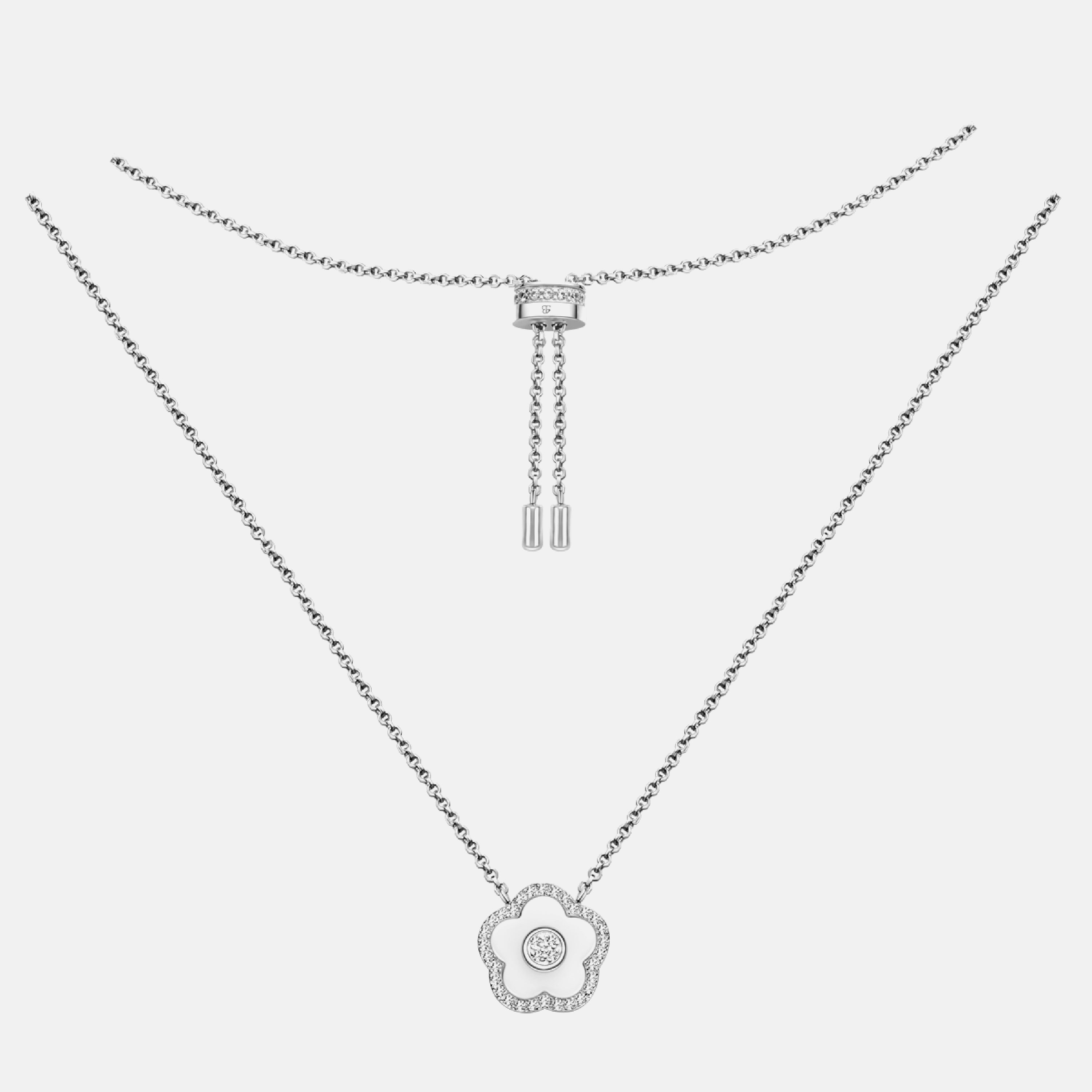 Classic Flower Necklace Brass 18k Silver Plating & White Ceramic 420-650mm with sliding clasp