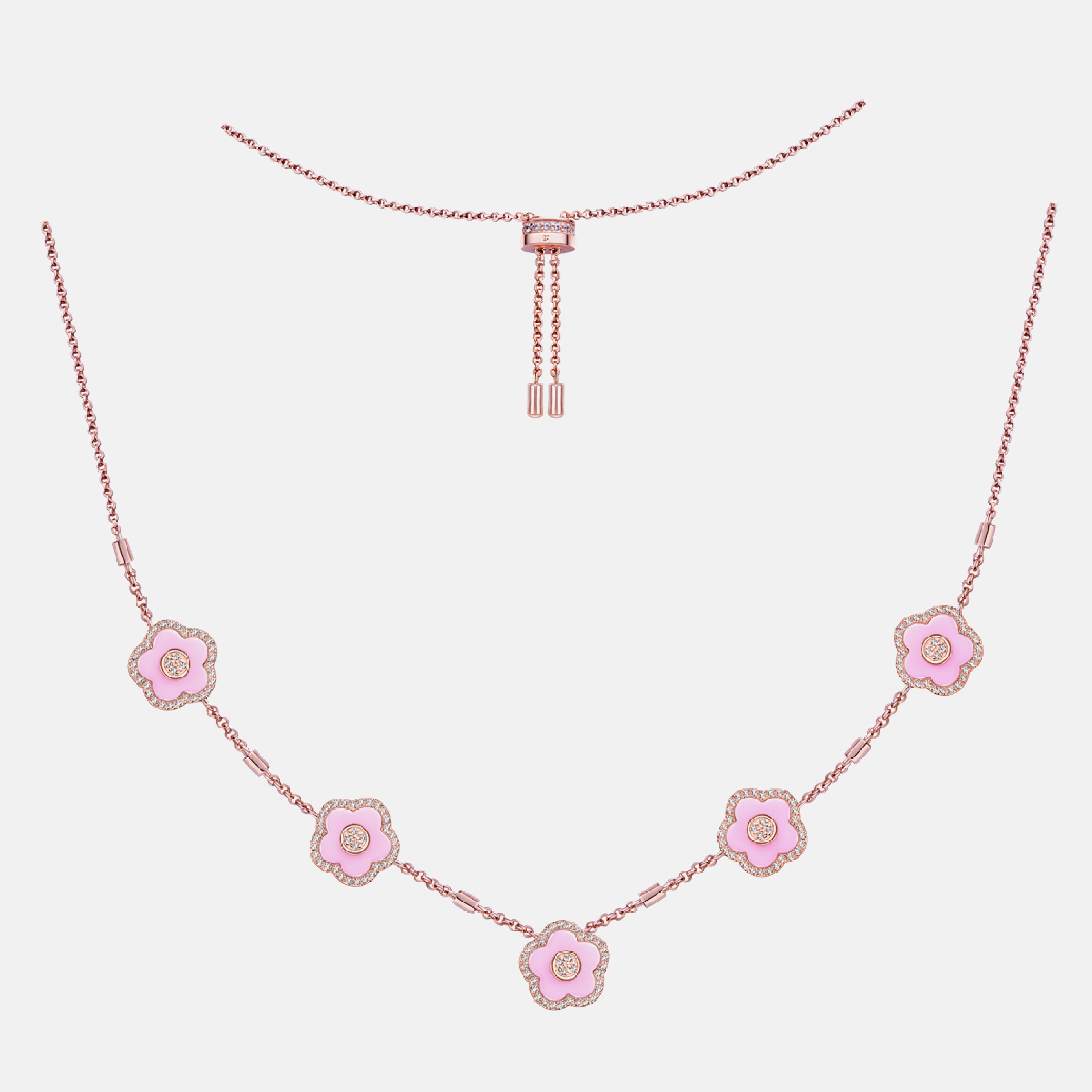 Cherry Blossom Ceramic Five Pink Ceramic Flowers Rose Gold Adjustable Necklace 18K Rose Gold Plated