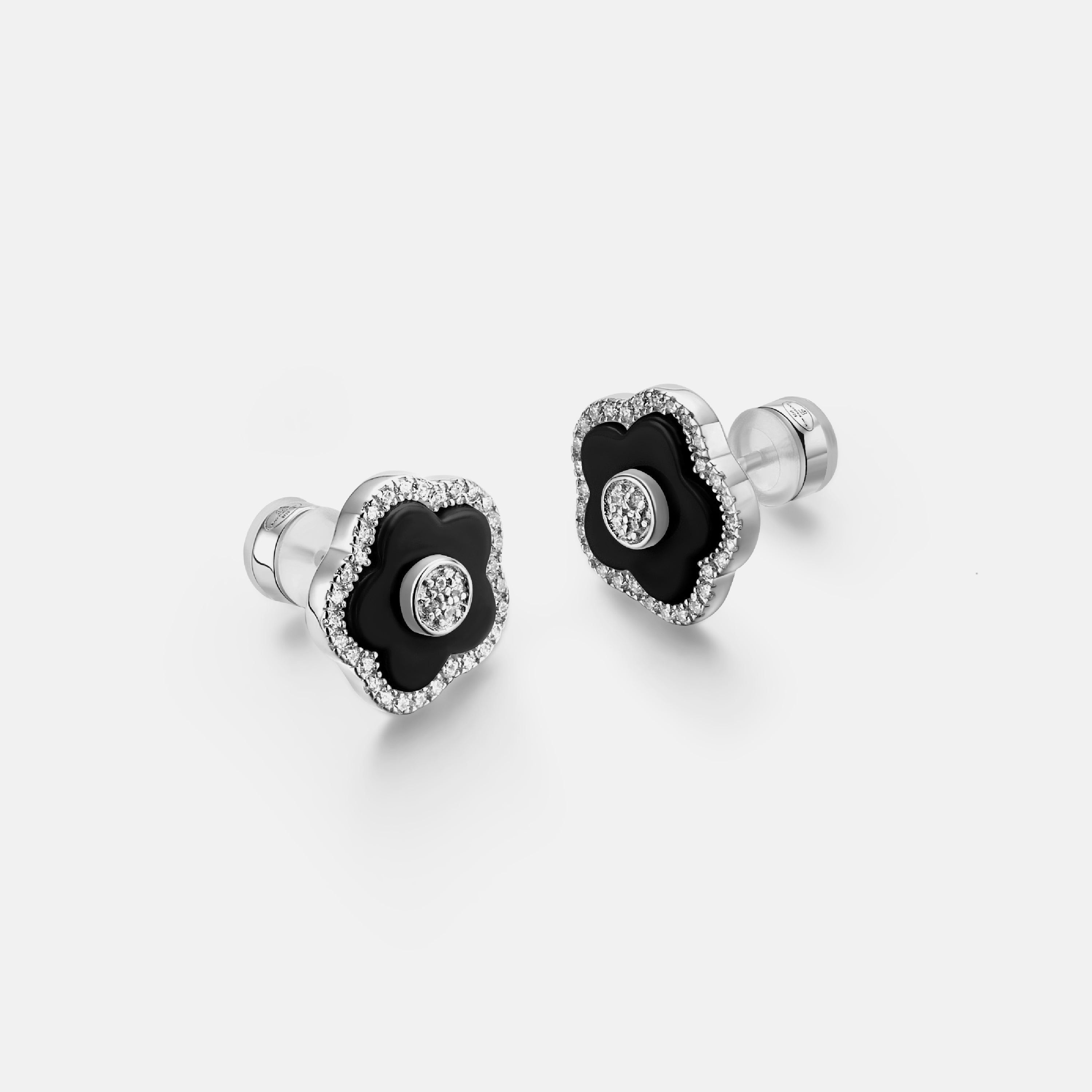 Cherry Blossom Ceramic Black Ceramic Flowers Silver Stud Earrings Silver Platinum Plated