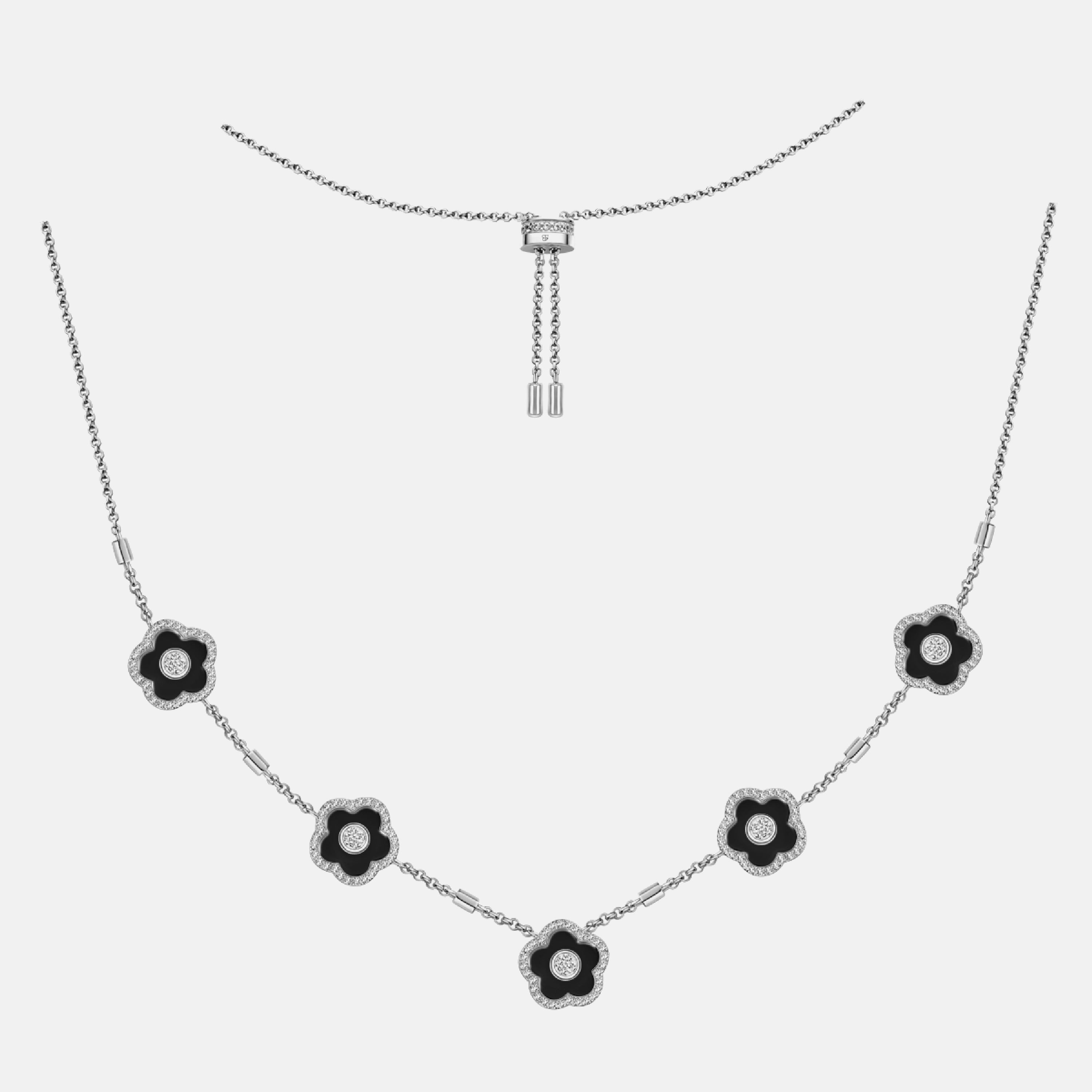 Classic Flower Necklace Brass 18k Silver Plating & Black Ceramic 420-650mm with sliding clasp