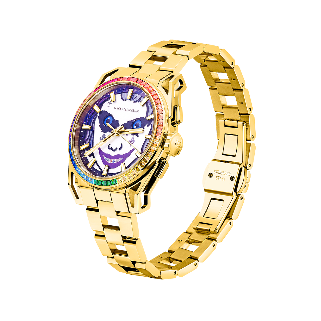 Clown Leo 40mm Chronograph Rainbow Zirconia Dial Silver Bracelet Watch