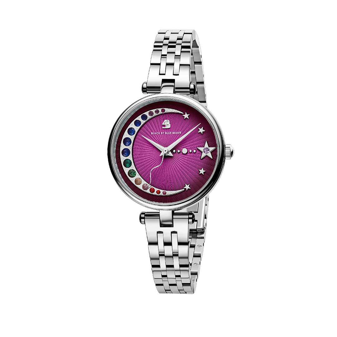 Crescent Moon 32mm Purple Dial Rainbow Cubic Zirconia Silver Bracelet Watch - BLACK BY BLUE BRAVE