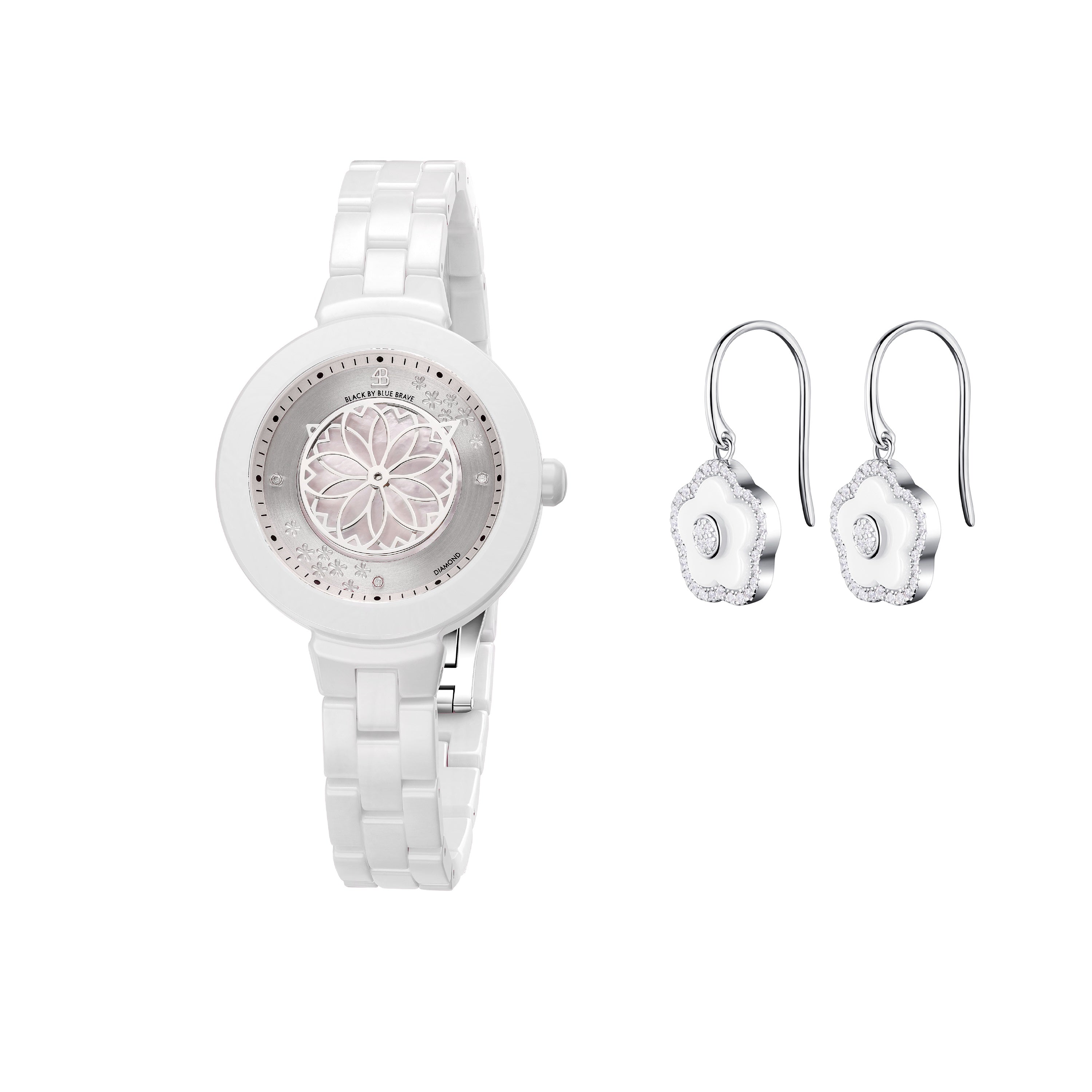 White Diamond Cherry Blossom Ceramic Watch With Flower Ceramic  Earrings