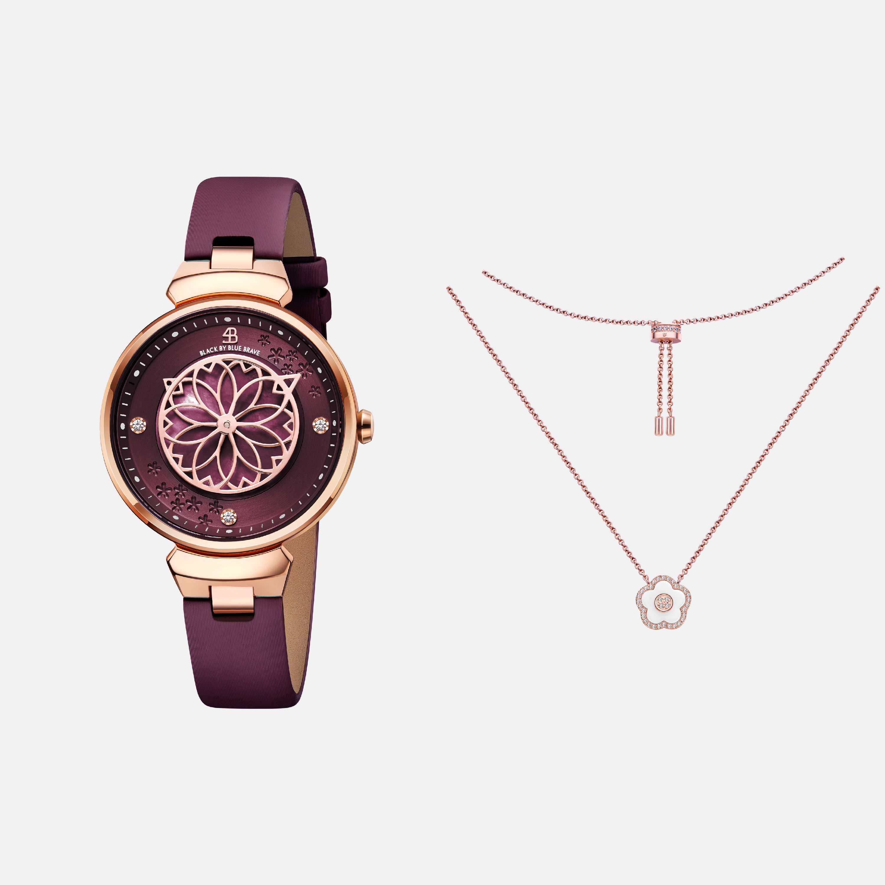 RUBY RED CHERRY BLOSSOM WATCH WITH ROSEGOLD FLOWER NECKLACE & WHITE CERAMIC