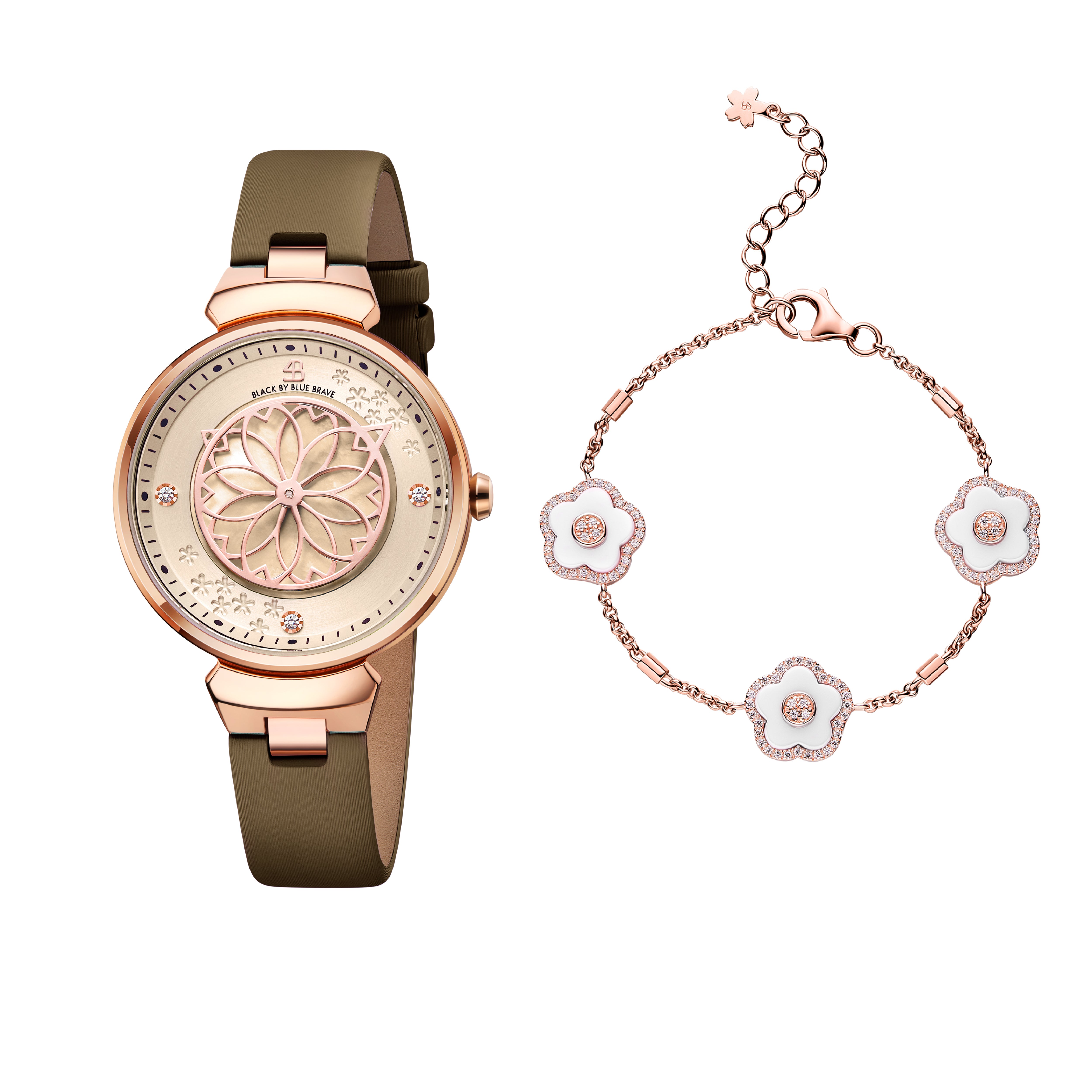 Champagne Cherry Blossom Watch With Rosegold Bracelet & White Ceramic