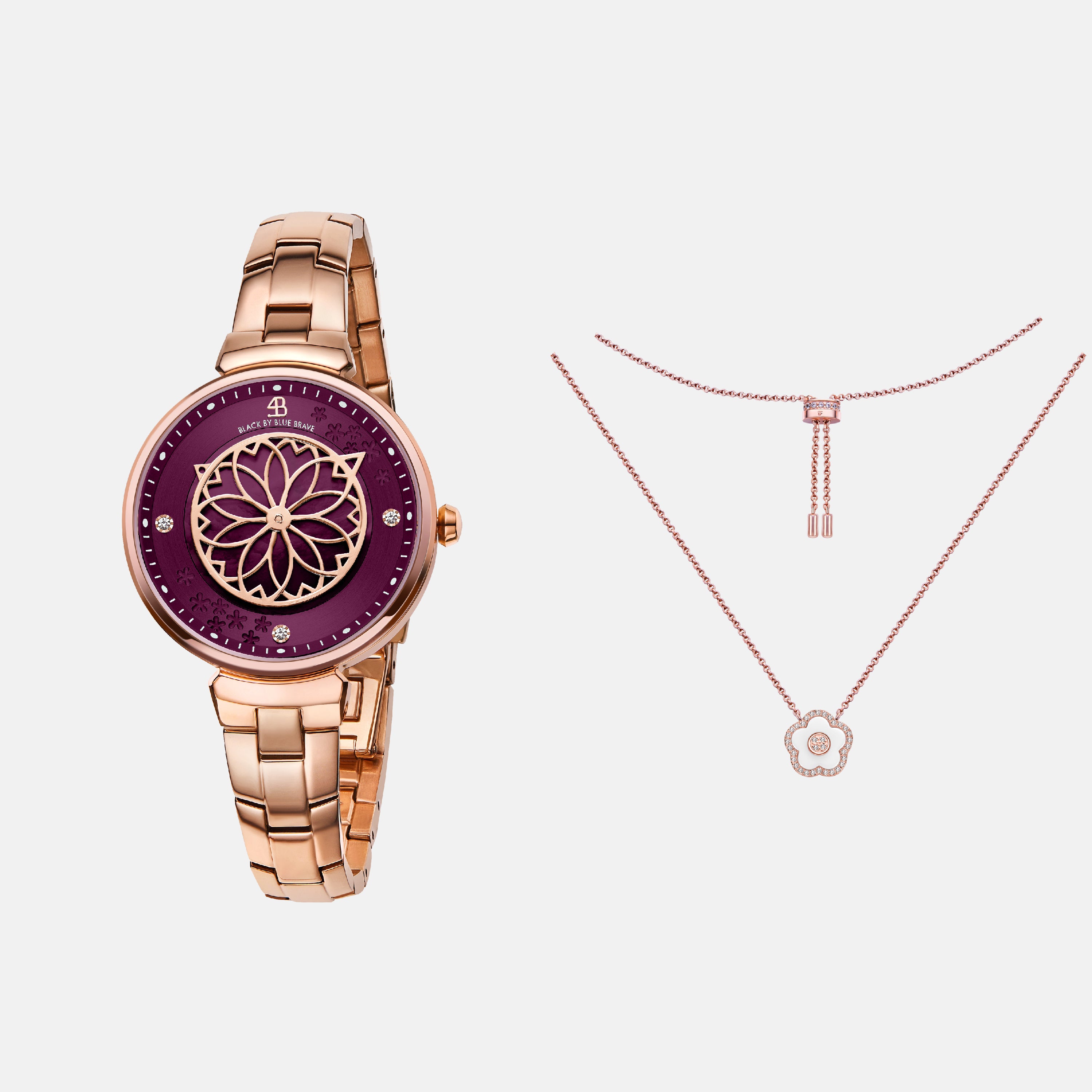 RUBY RED CHERRY BLOSSOM WATCH WITH ROSEGOLD FLOWER NECKLACE & WHITE CERAMIC