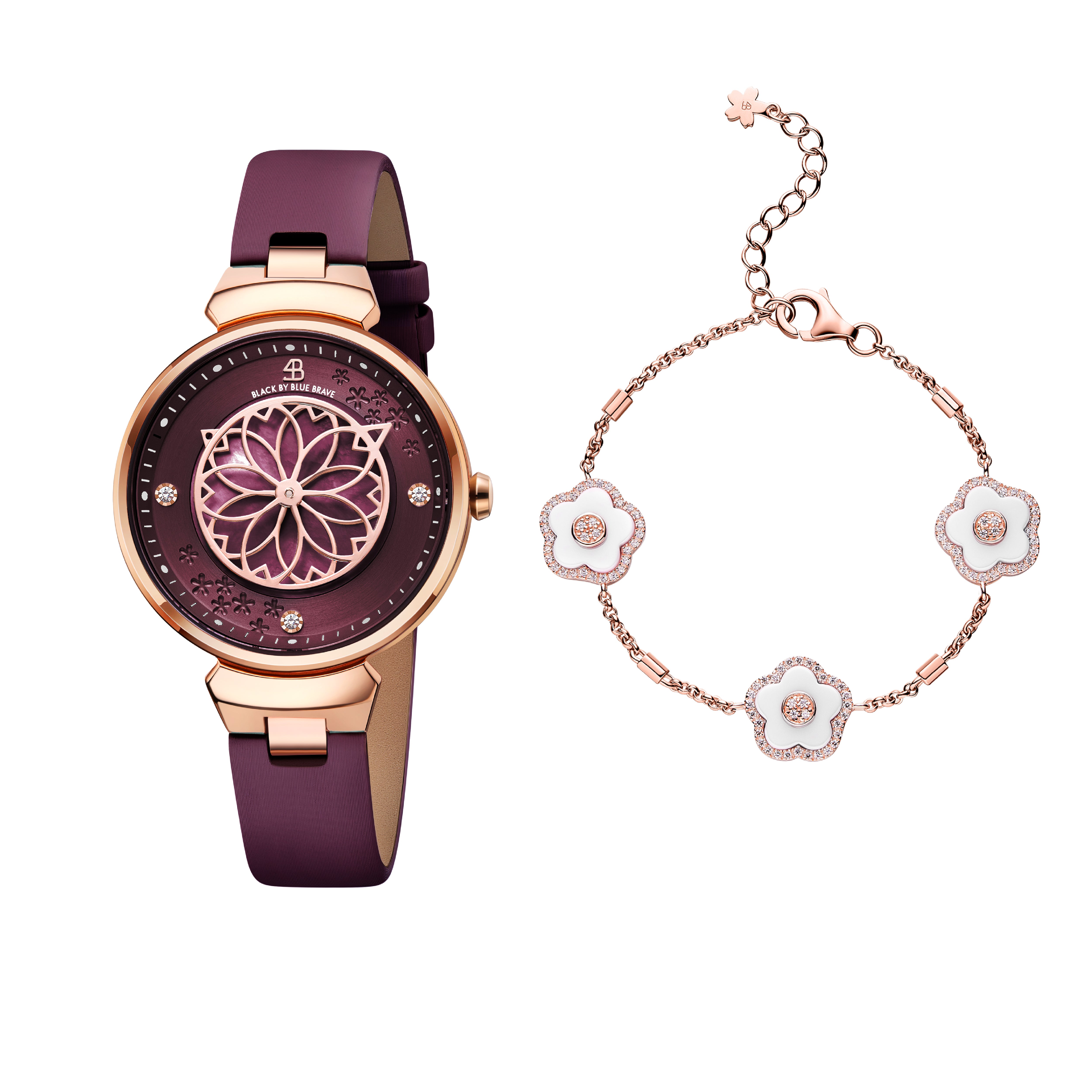 Ruby Red Cherry Blossom Watch With Rosegold Bracelet & White Ceramic