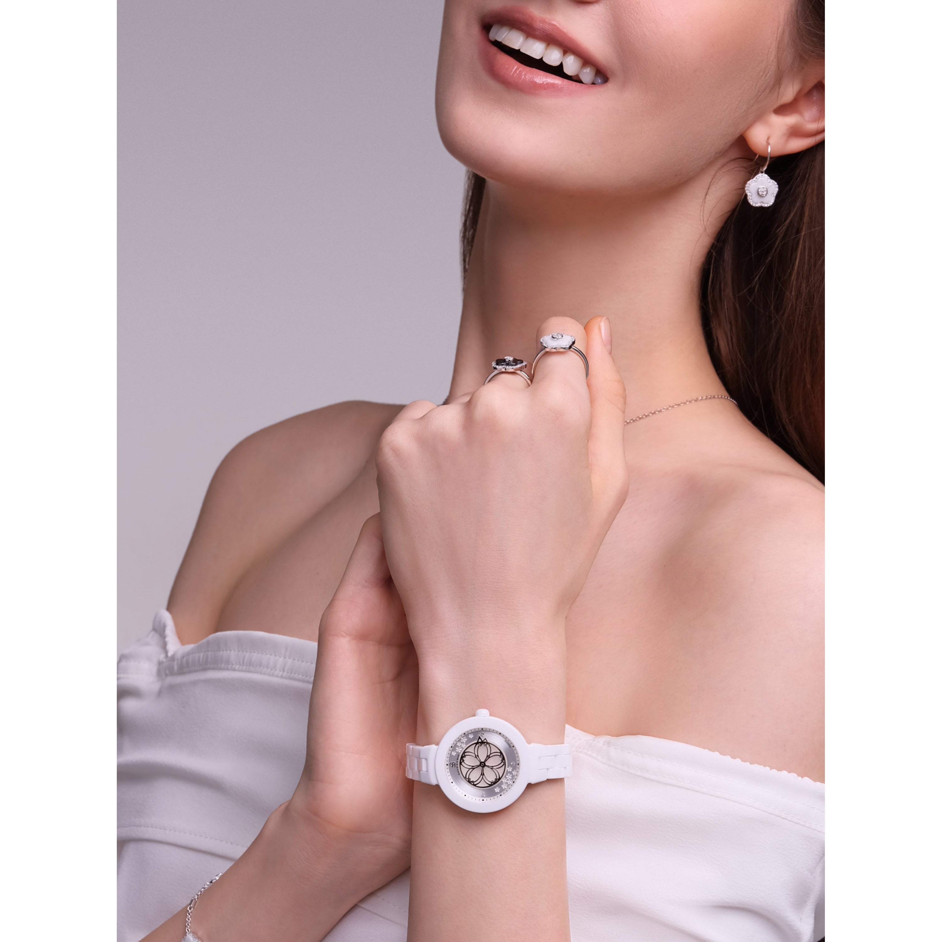 White Diamond Cherry Blossom Ceramic Watch With Flower Ceramic  Earrings
