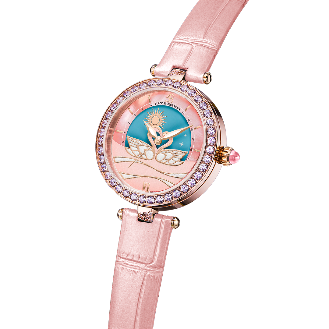 Swan Lovers 34mm Pink Moon Phase Dial Leather Strap Watch