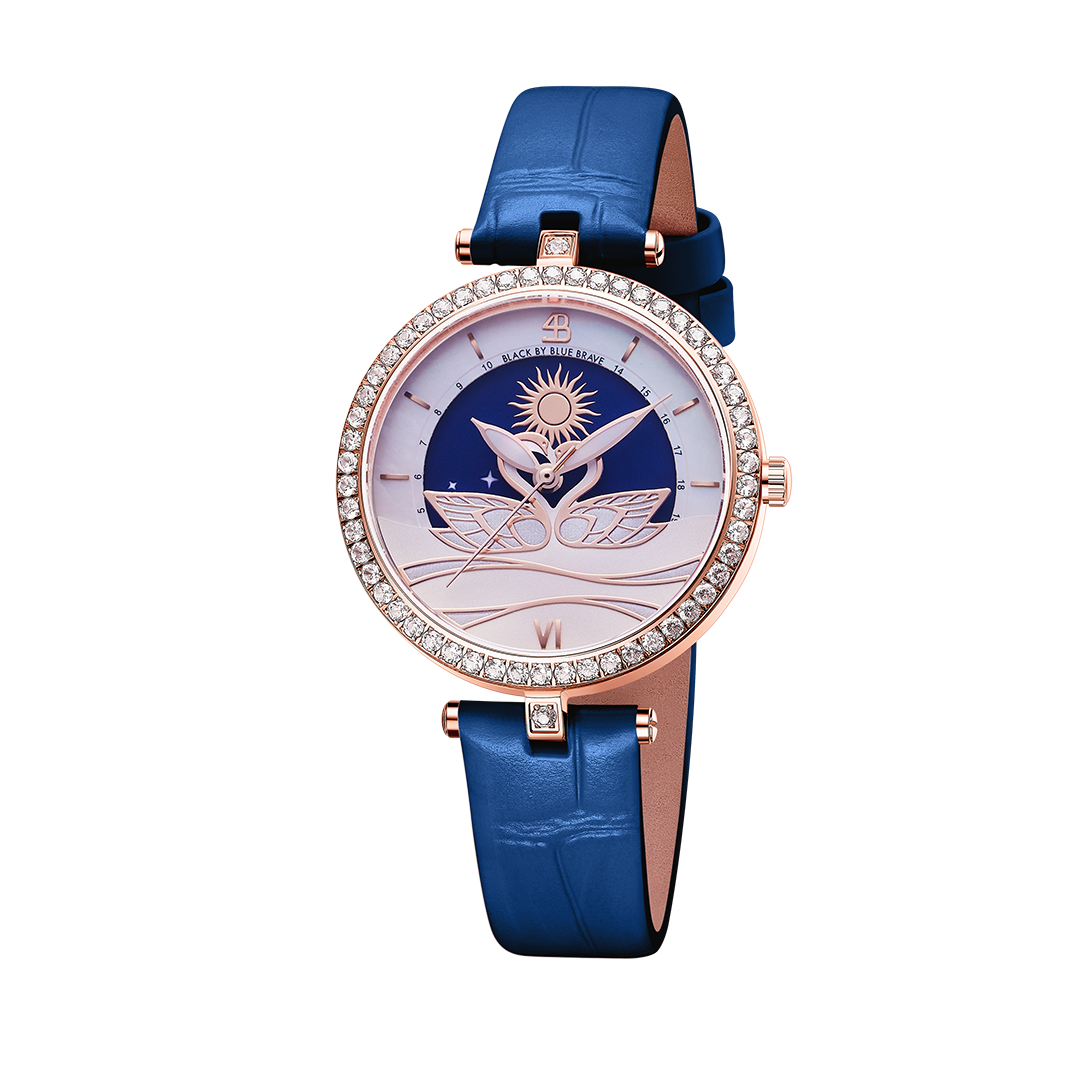 Swan Lovers 34mm Blue Moon Phase Dial Leather Strap Watch