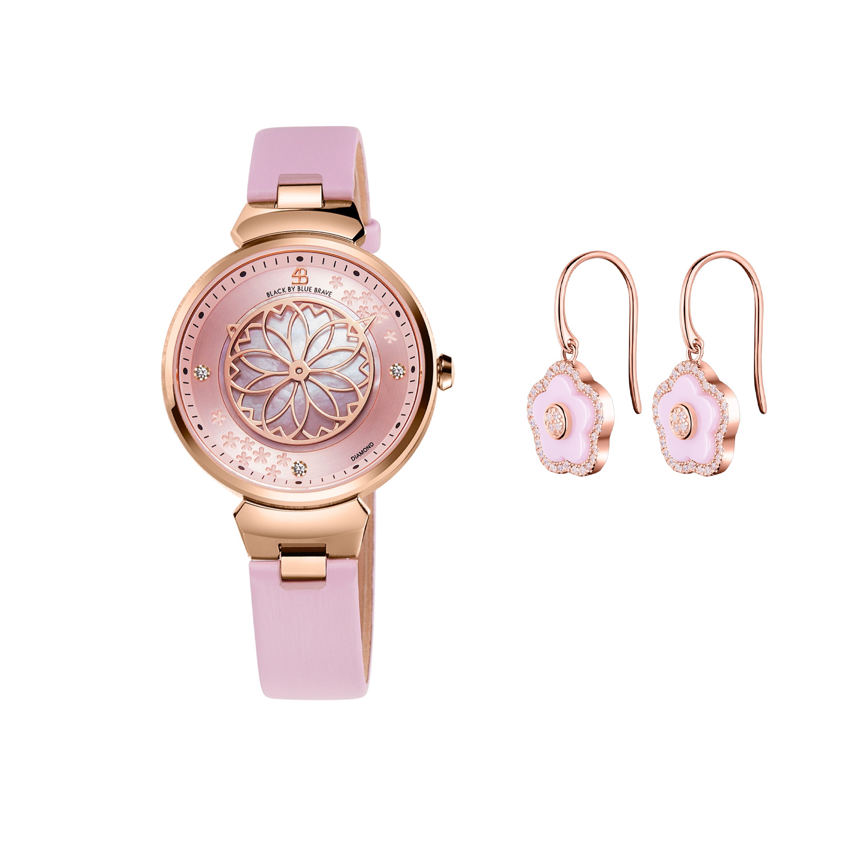 Pink Cherry Blossom Watch With Flower Ceramic Earrings