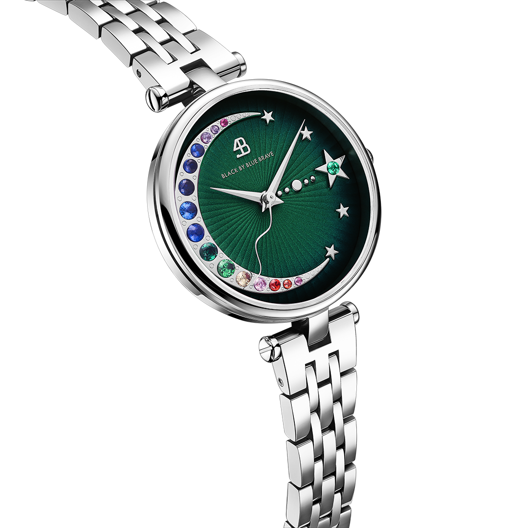 Crescent Moon 32mm Green Dial Rainbow Cubic Zirconia Silver Bracelet Watch