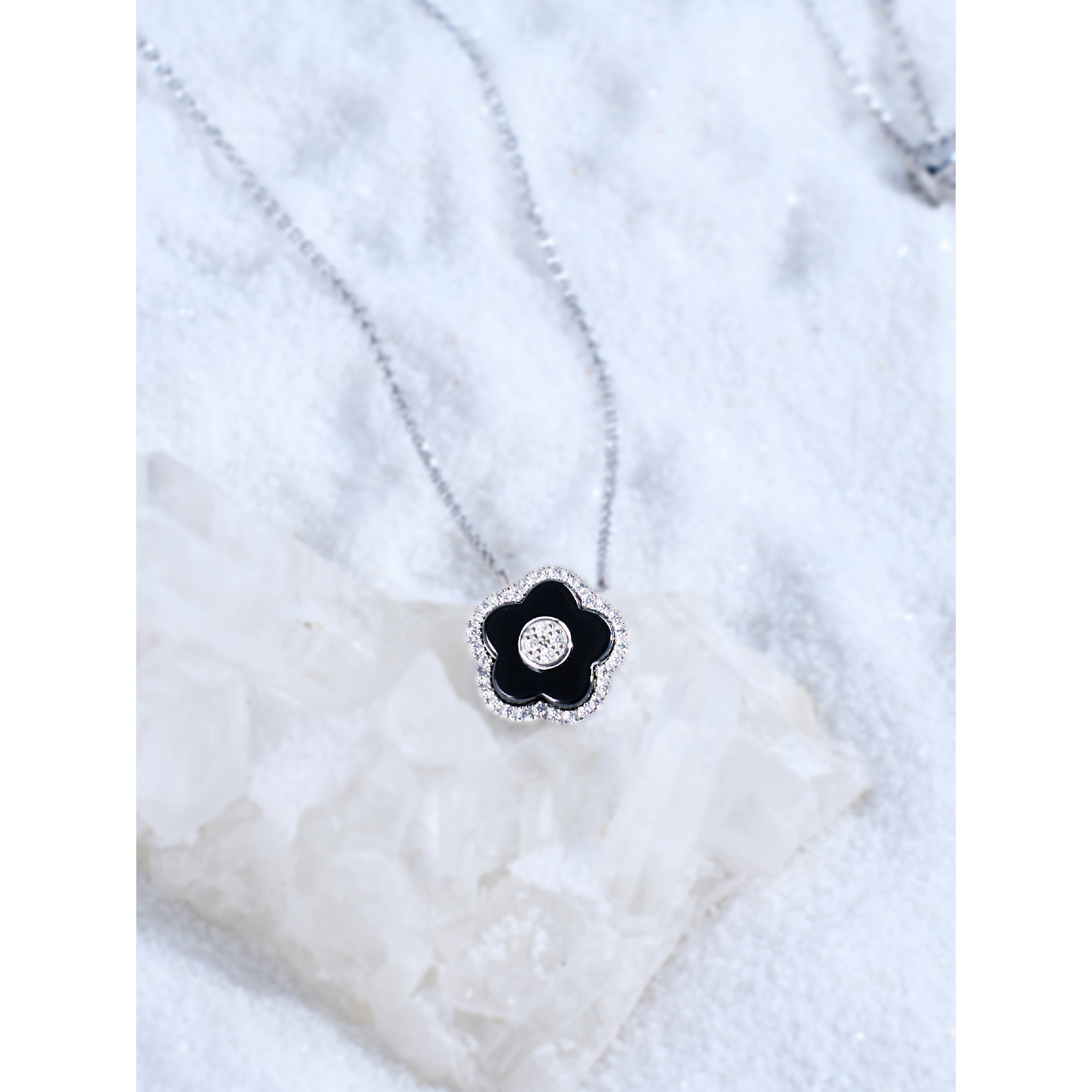 Classic Flower Necklace Brass 18k Silver Plating & Black Ceramic 420-650mm with sliding clasp