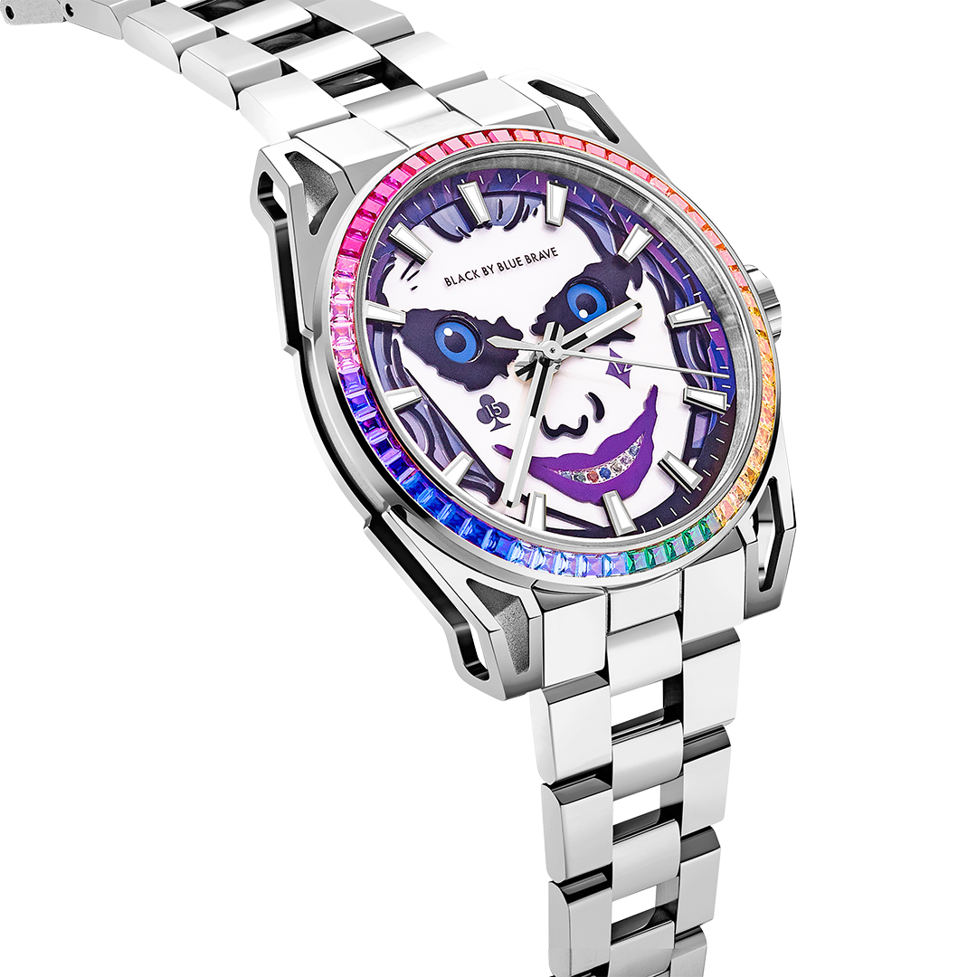 Clown Leo 40mm Chronograph Rainbow Zirconia Dial Silver Bracelet Watch